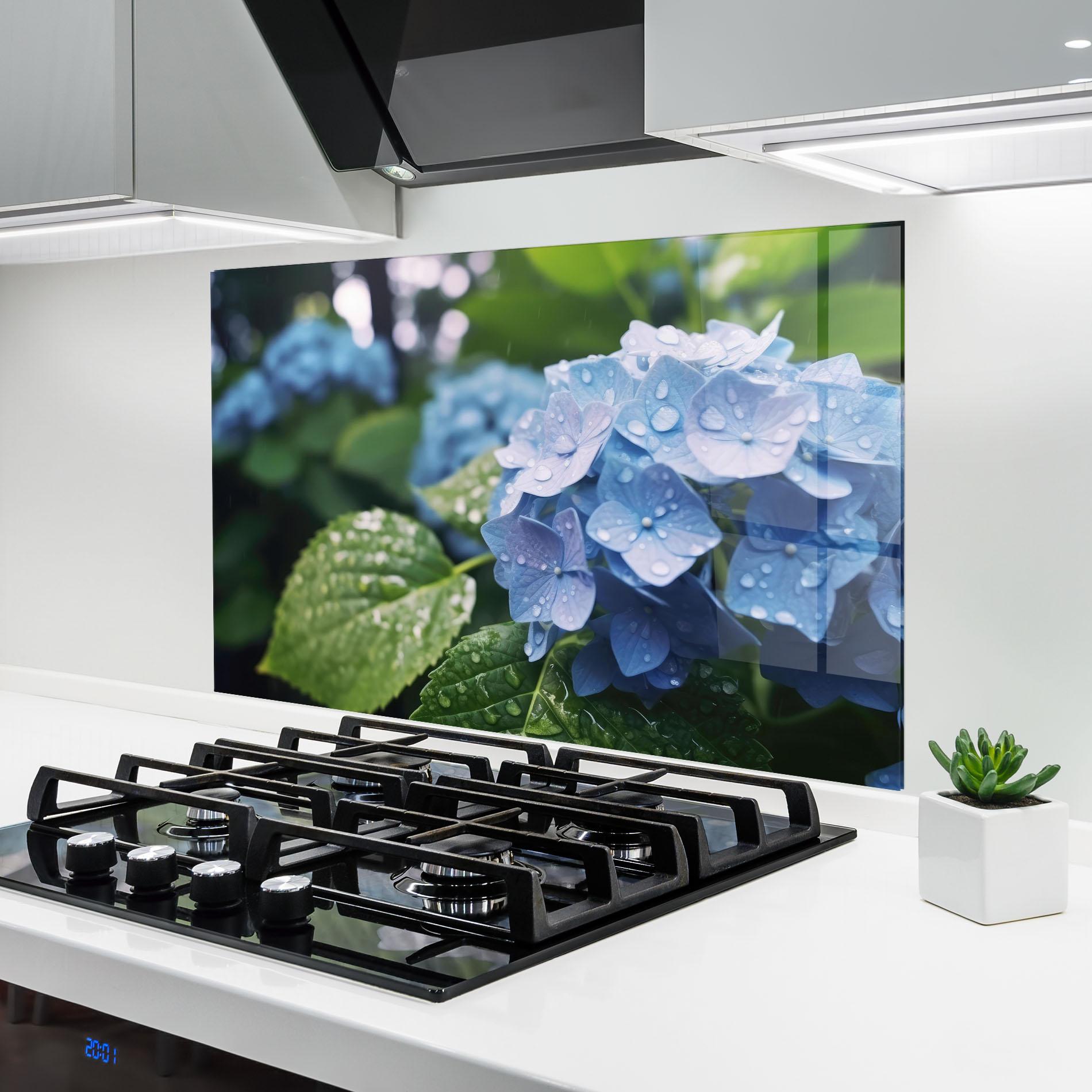 Konyhai üveg hátfal Blue Rainy Exotic mockup 6