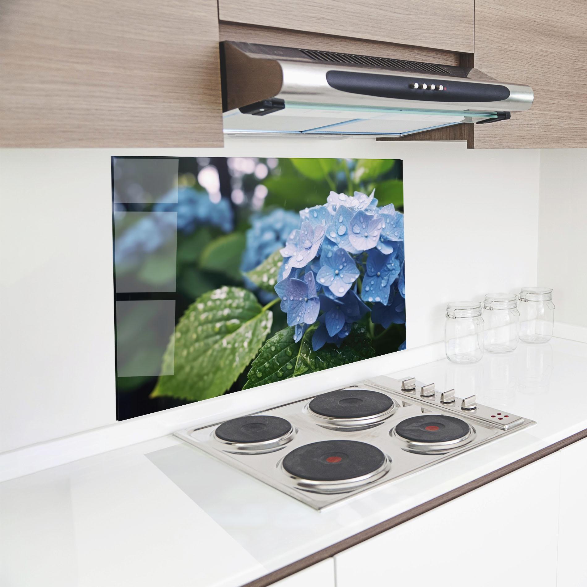 Konyhai üveg hátfal Blue Rainy Exotic mockup 8