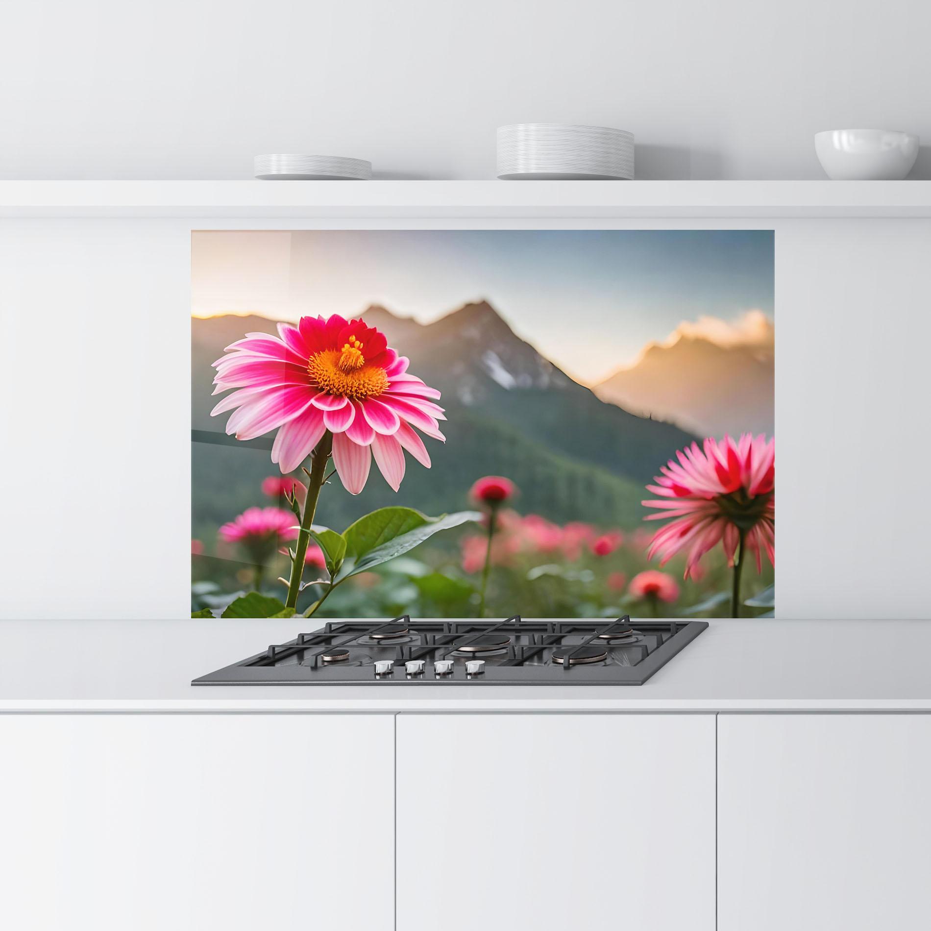 Konyhai üveg hátfal Mountain Pink Flower mockup 9