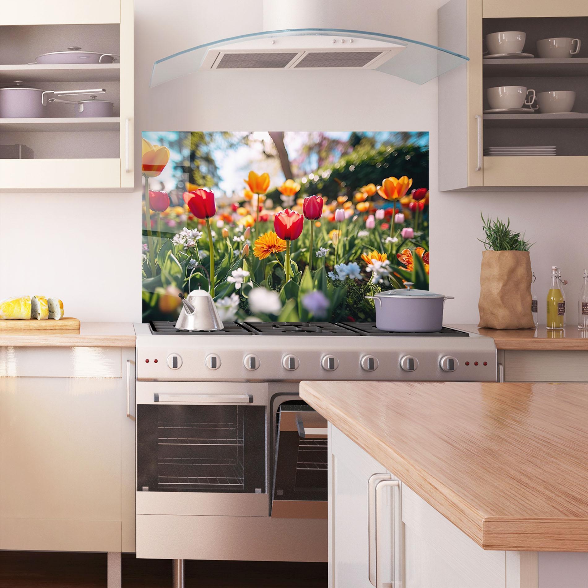 Konyhai üveg hátfal Garden Tulips Mix mockup 1
