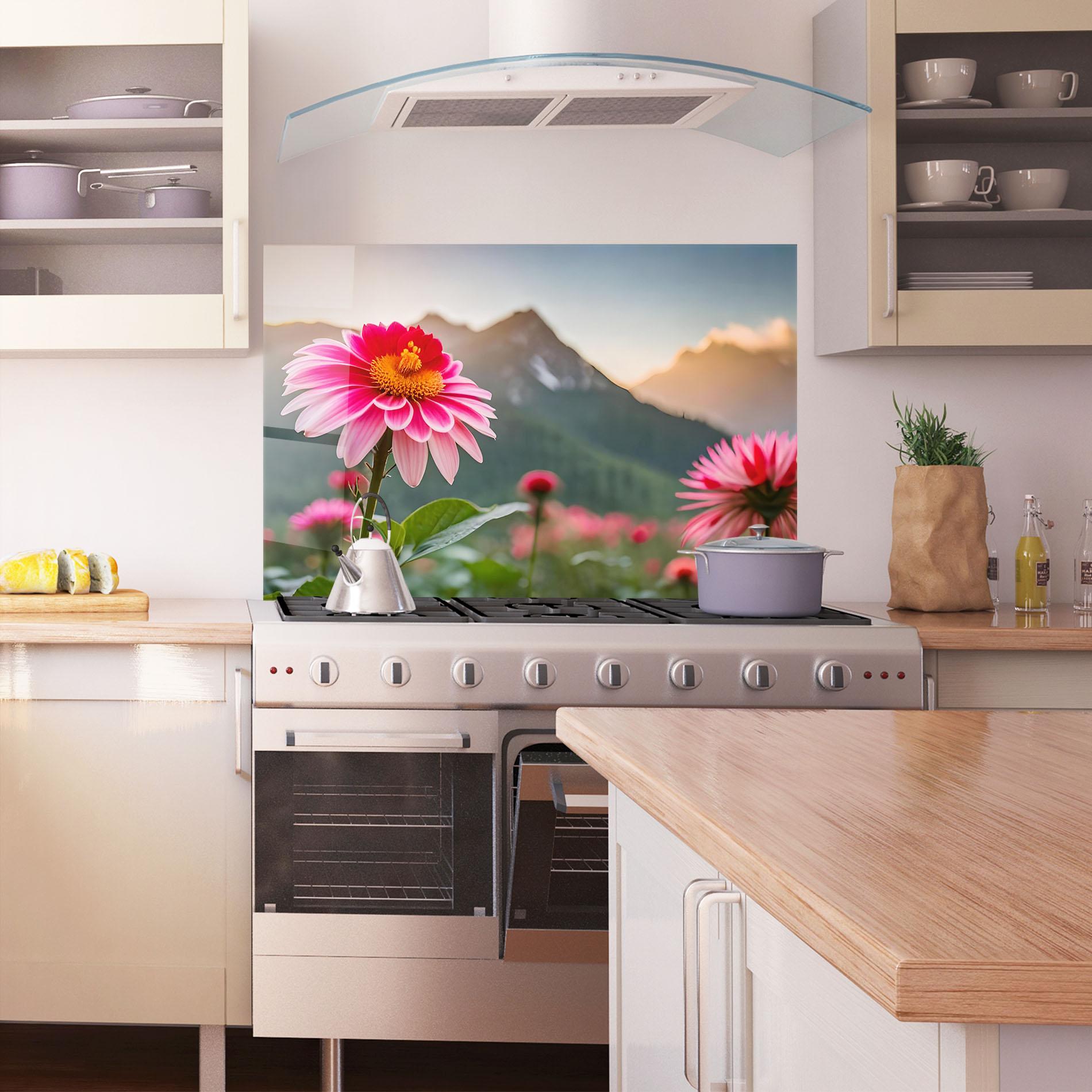 Konyhai üveg hátfal Mountain Pink Flower mockup 1