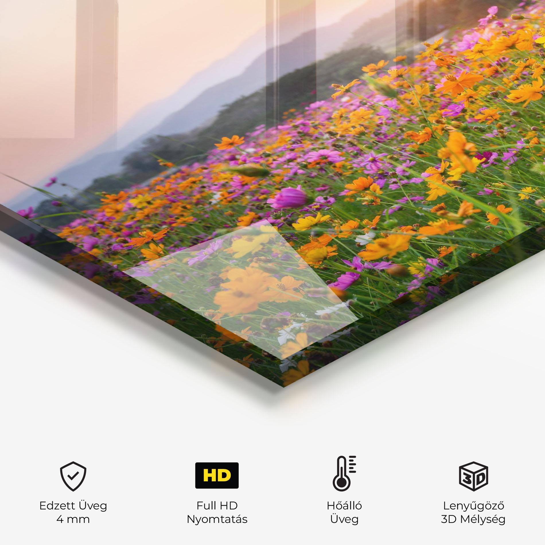 Konyhai üveg hátfal Sunset Mountain Flowerf mockup 2