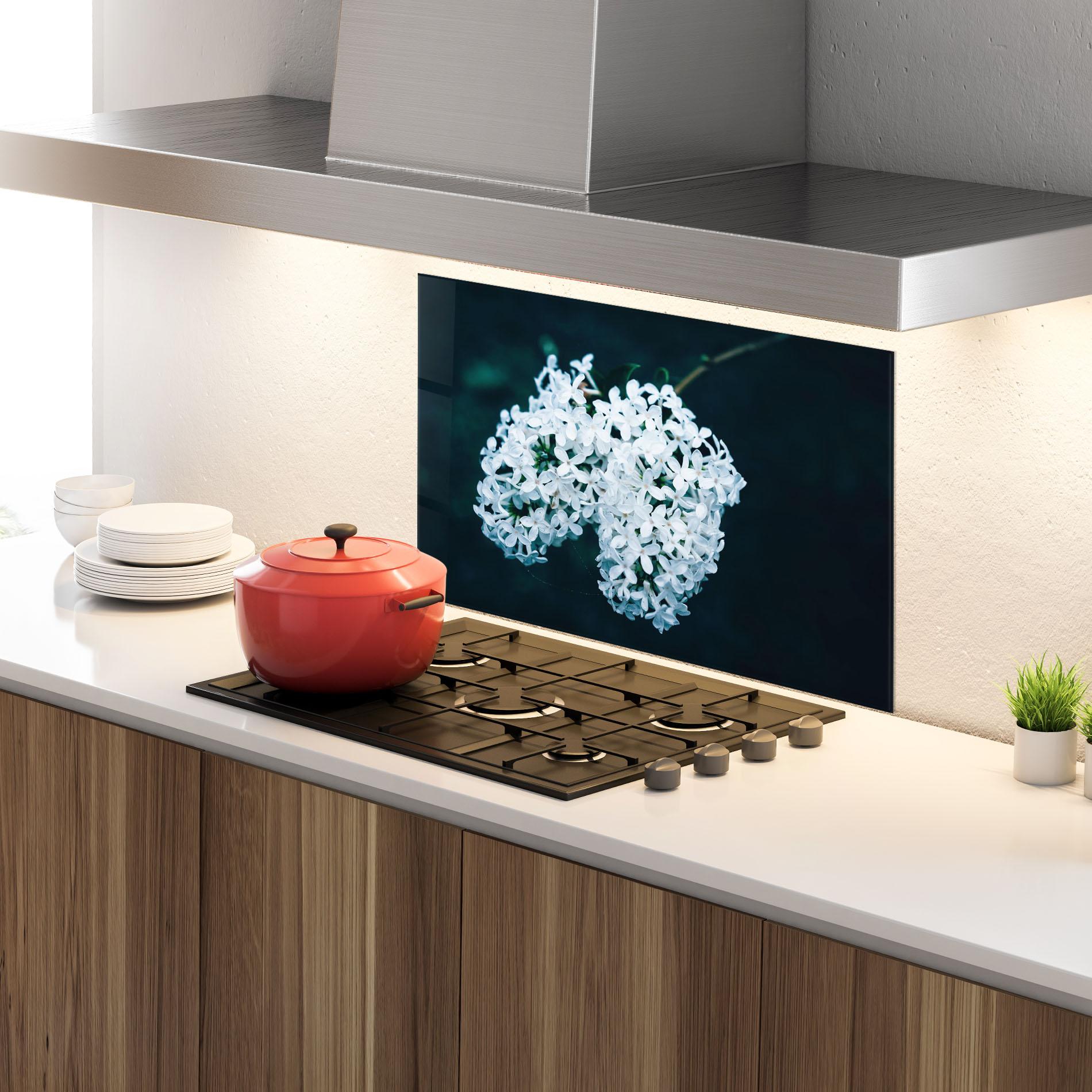 Konyhai üveg hátfal Green Light Flower mockup 4