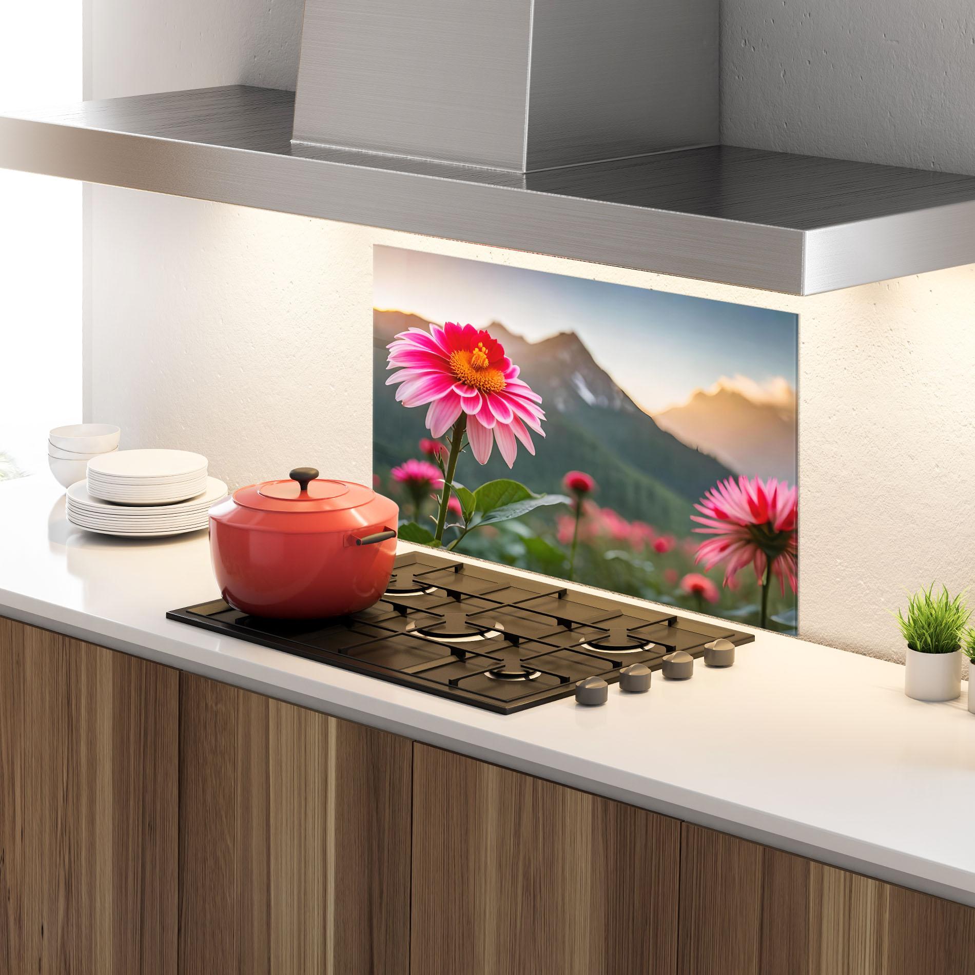 Konyhai üveg hátfal Mountain Pink Flower mockup 4