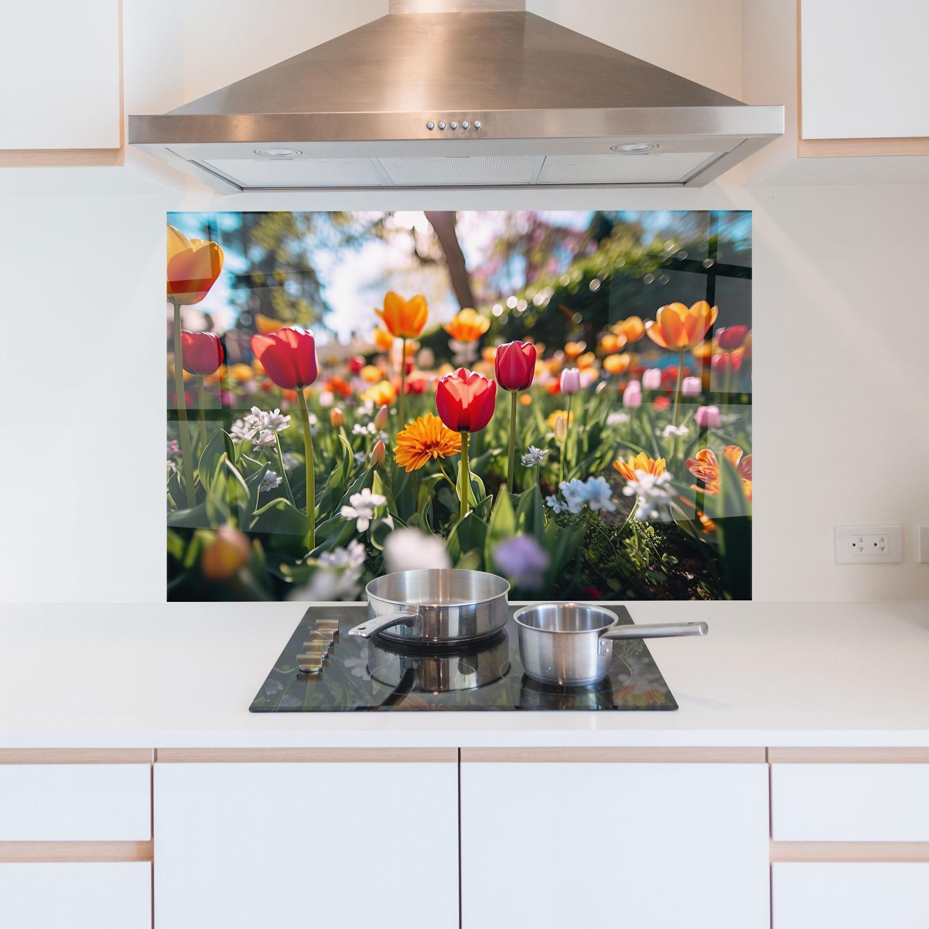 Konyhai üveg hátfal Garden Tulips Mix mockup 5