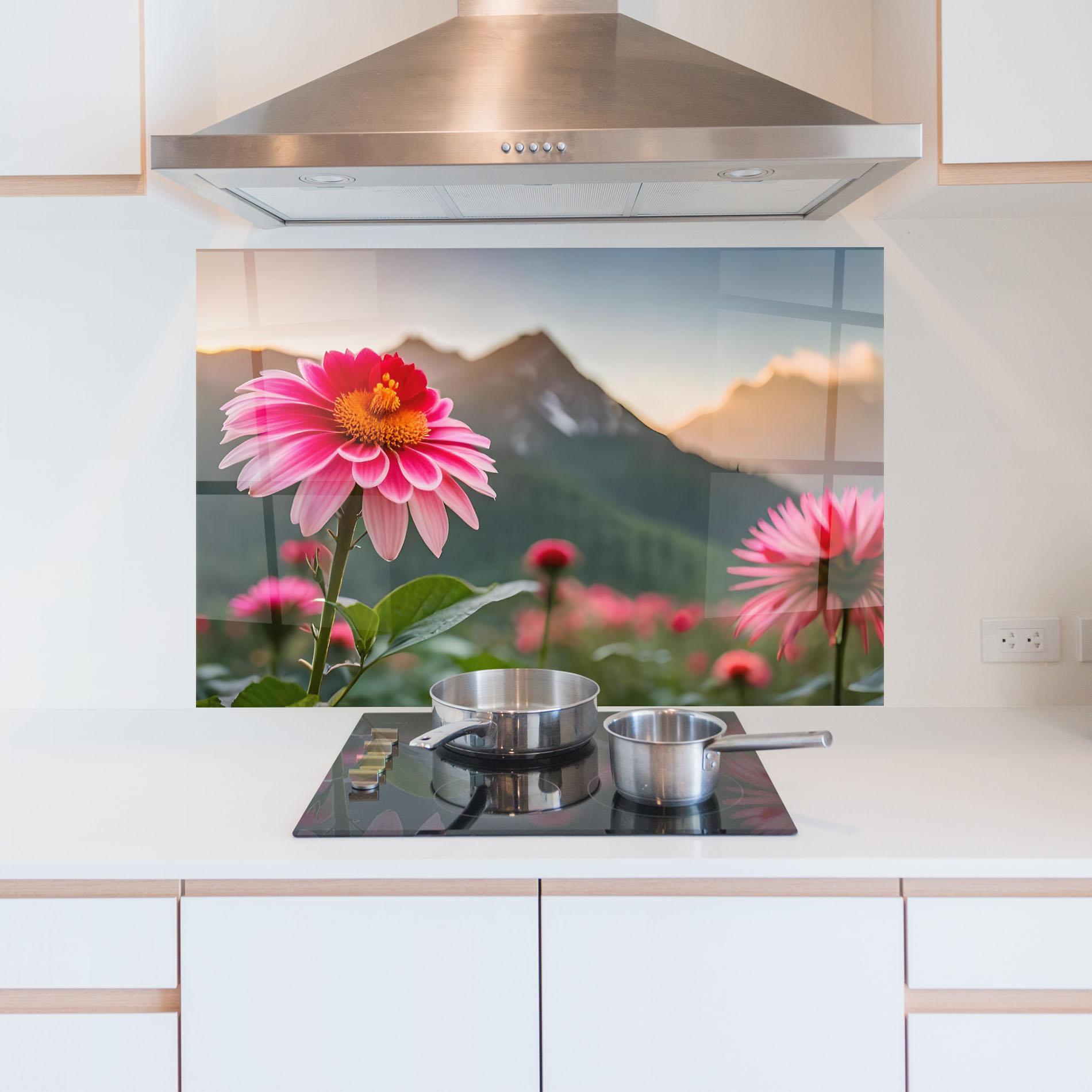 Konyhai üveg hátfal Mountain Pink Flower mockup 5