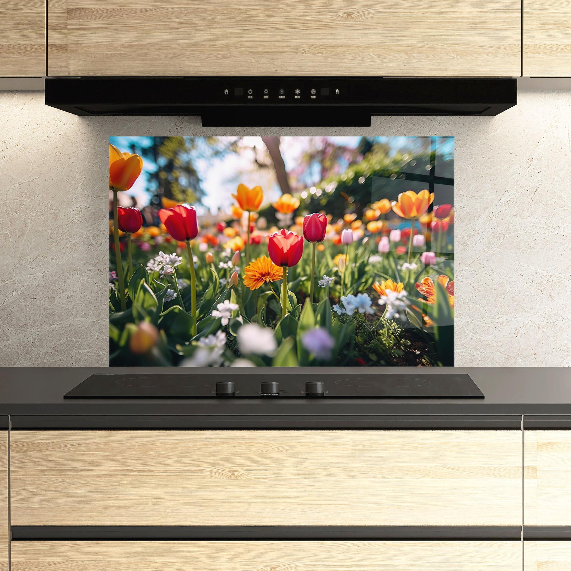 Konyhai üveg hátfal Garden Tulips Mix mockup 3