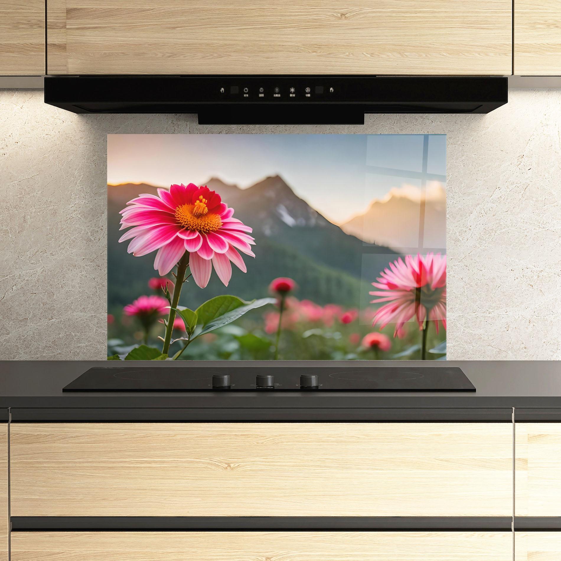 Konyhai üveg hátfal Mountain Pink Flower mockup 3