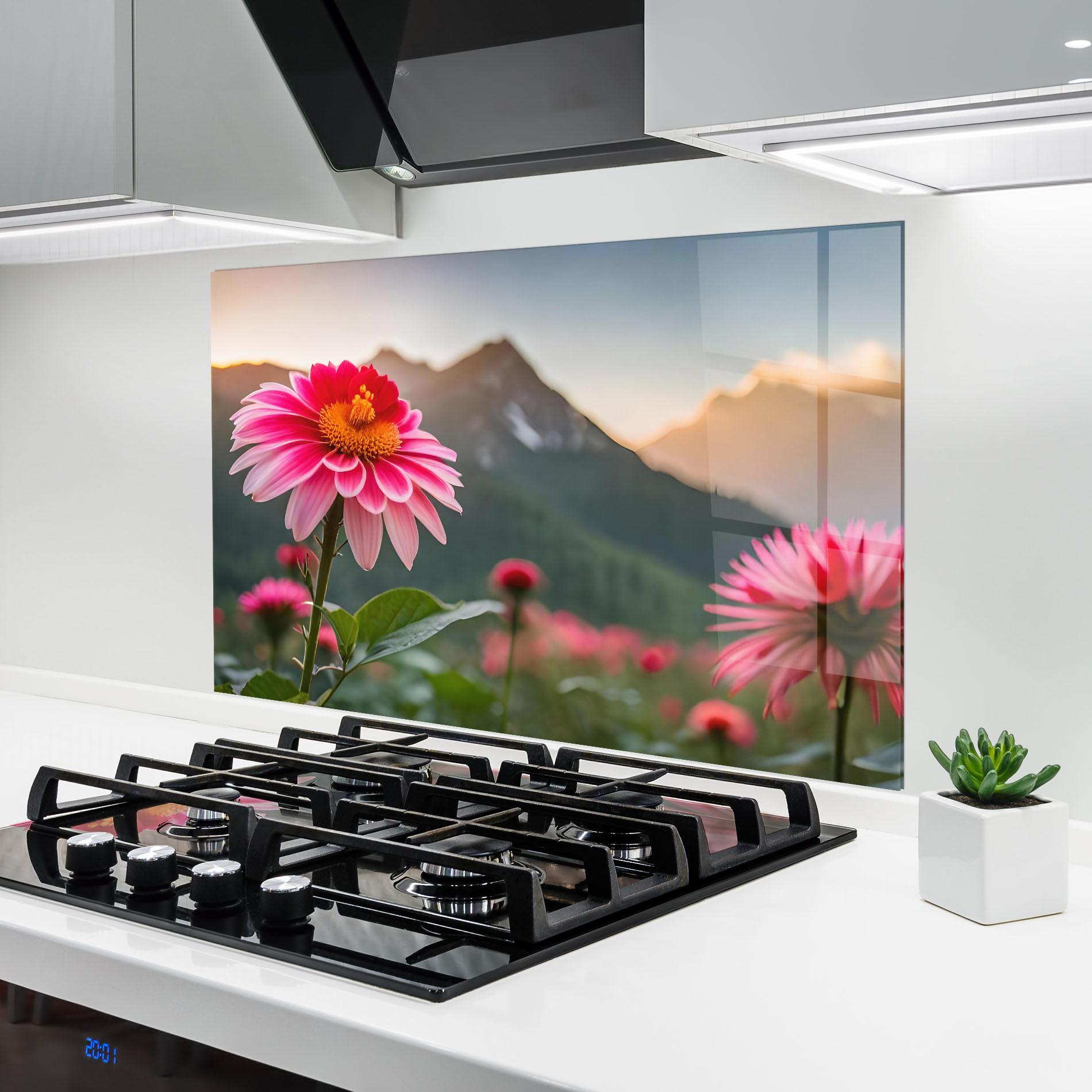 Konyhai üveg hátfal Mountain Pink Flower mockup 6
