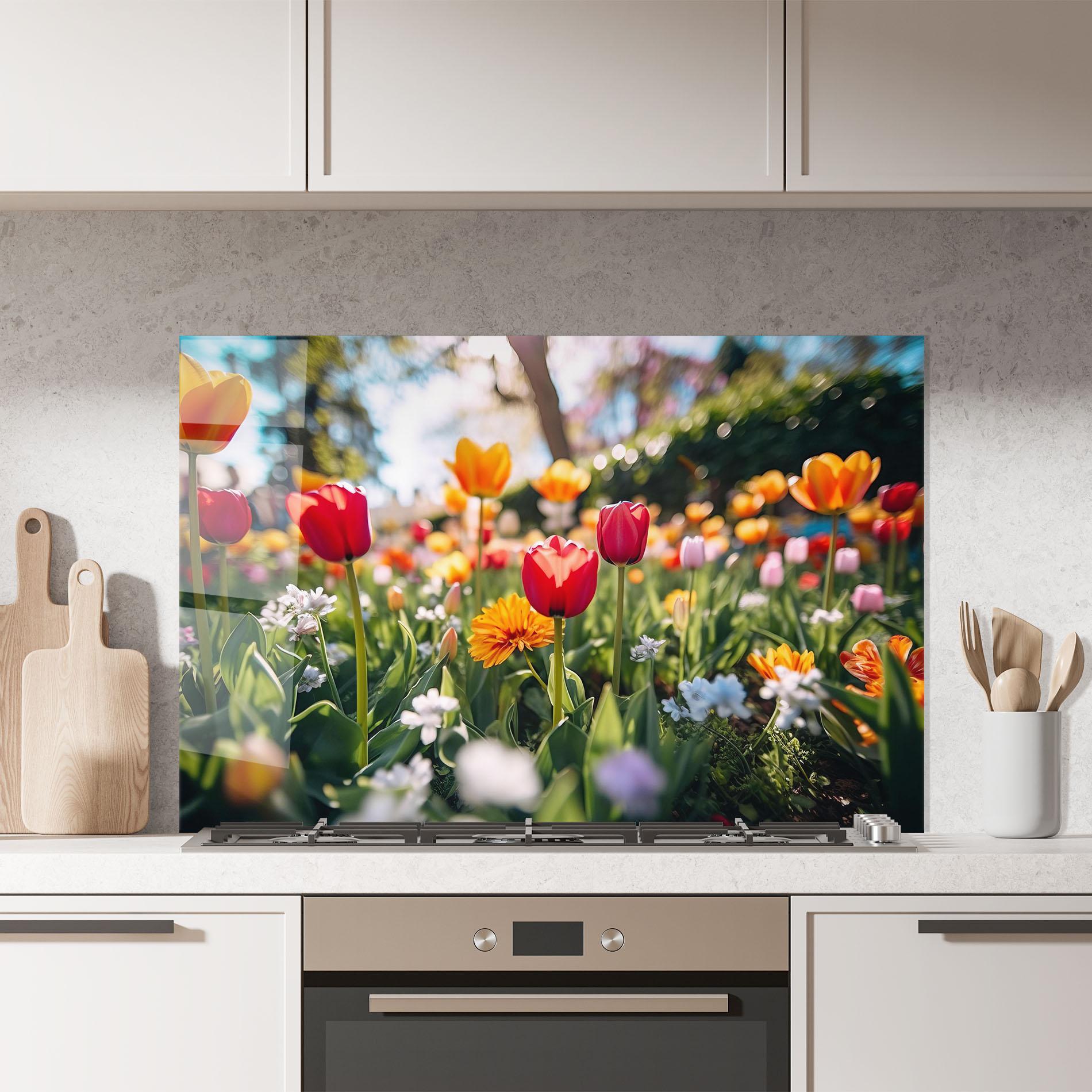 Konyhai üveg hátfal Garden Tulips Mix mockup 7
