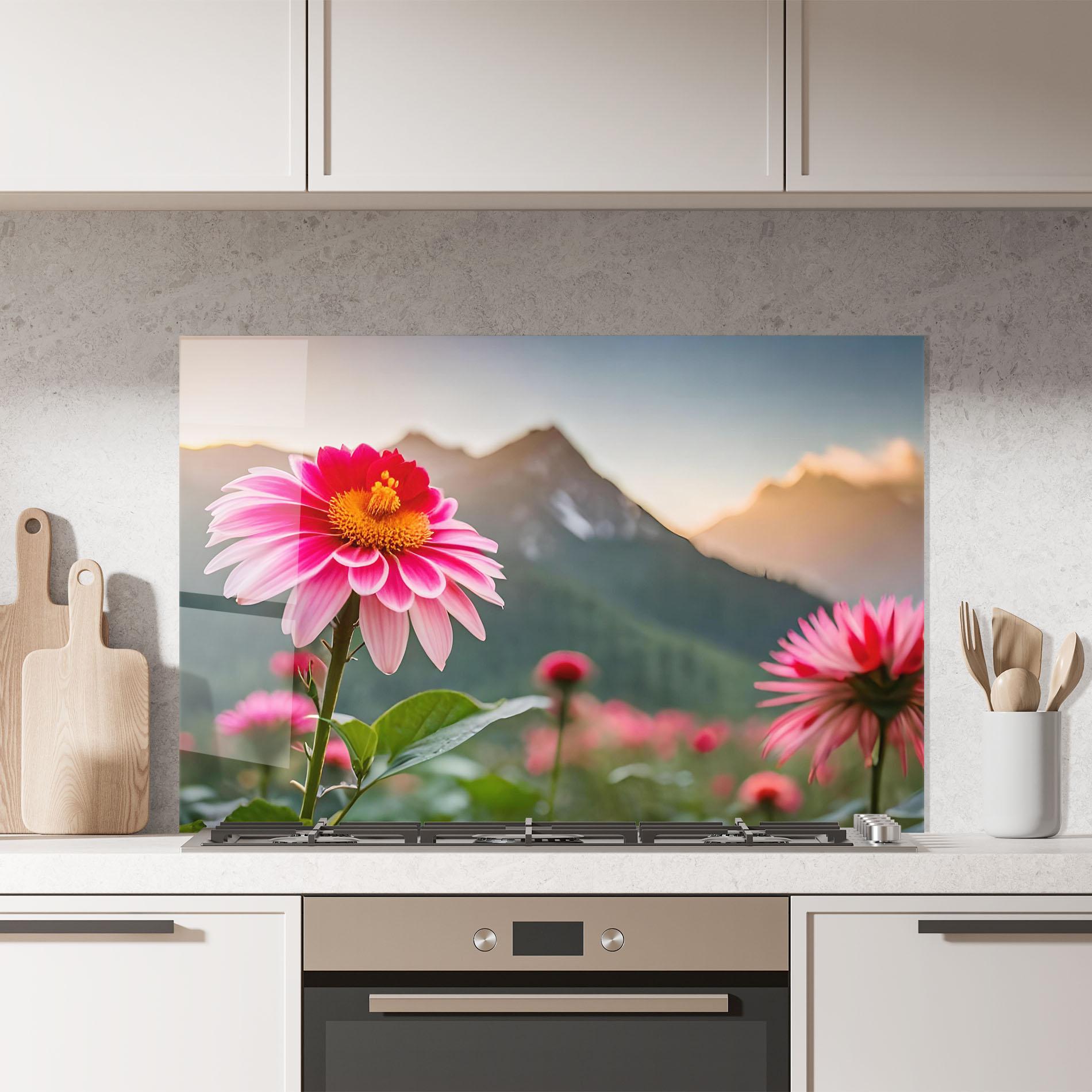 Konyhai üveg hátfal Mountain Pink Flower mockup 7