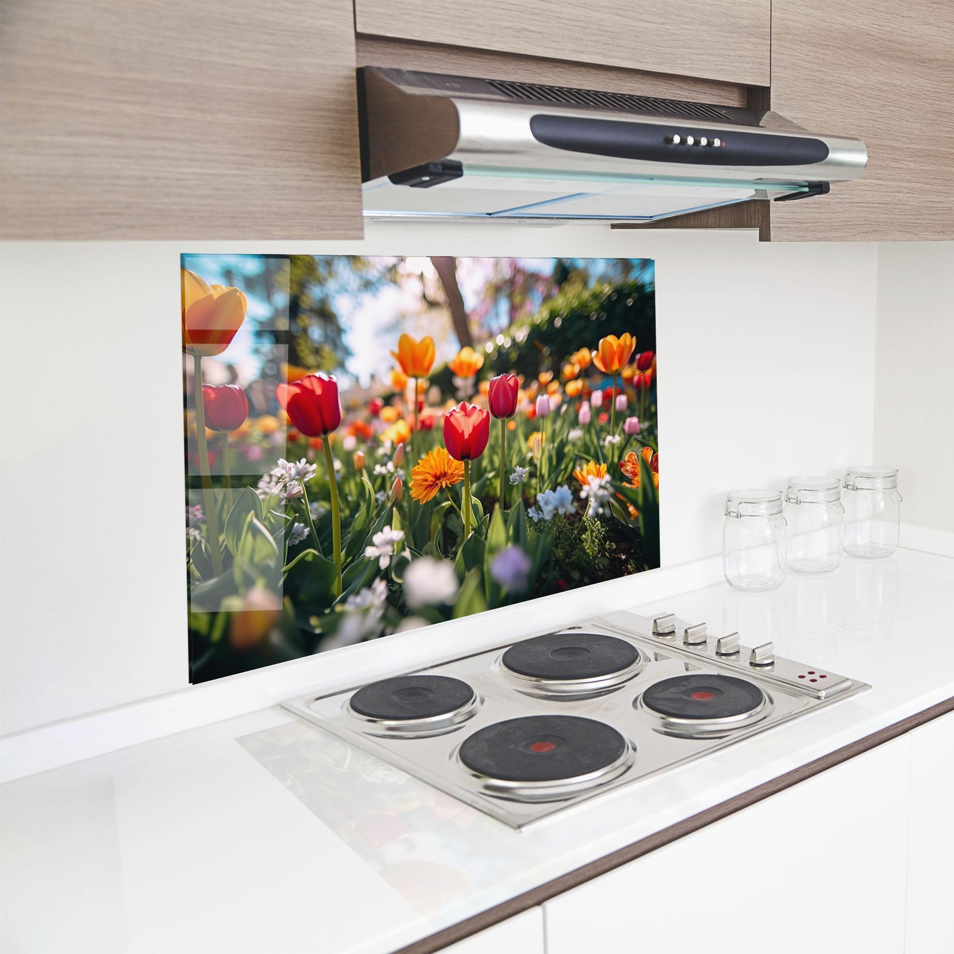 Konyhai üveg hátfal Garden Tulips Mix mockup 8