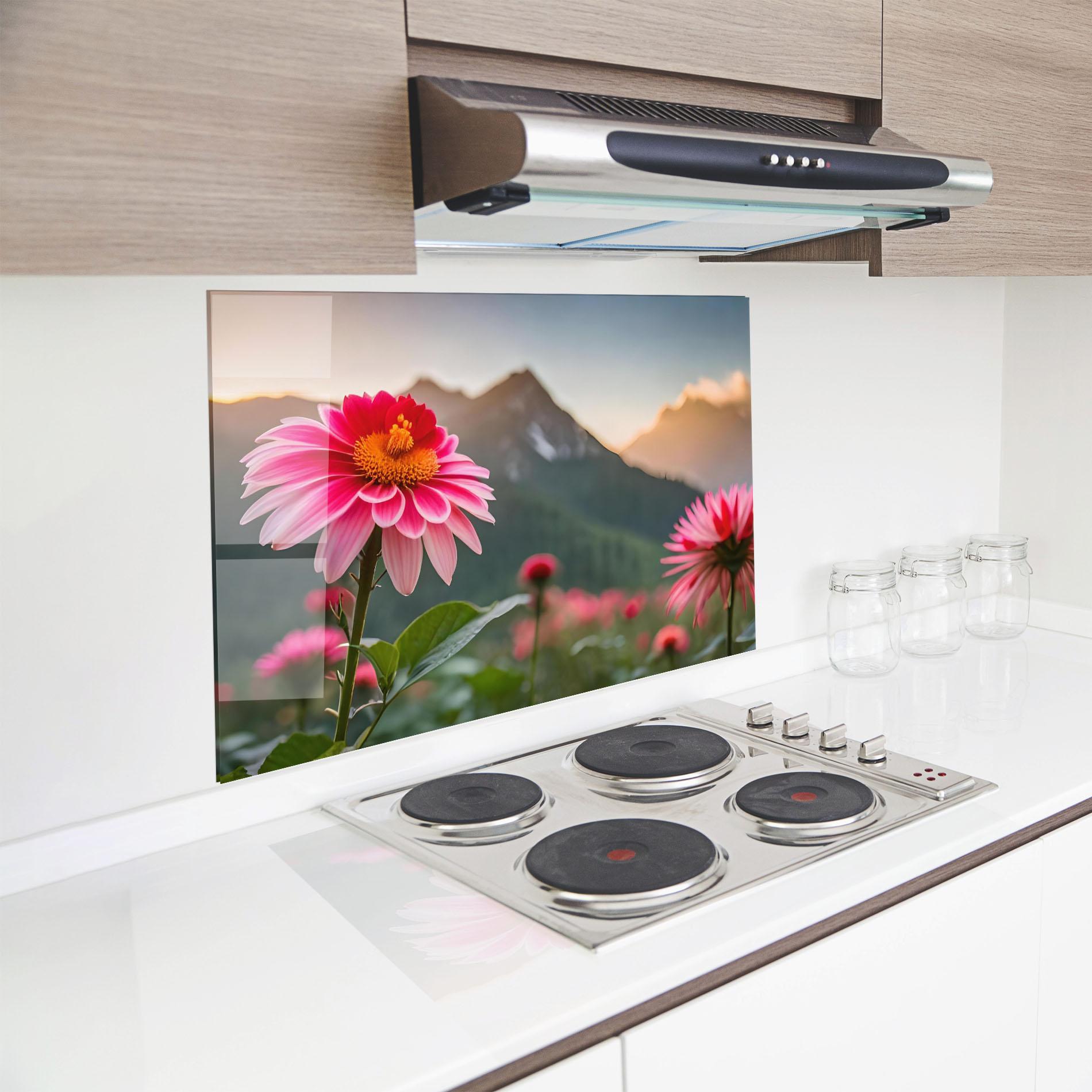 Konyhai üveg hátfal Mountain Pink Flower mockup 8