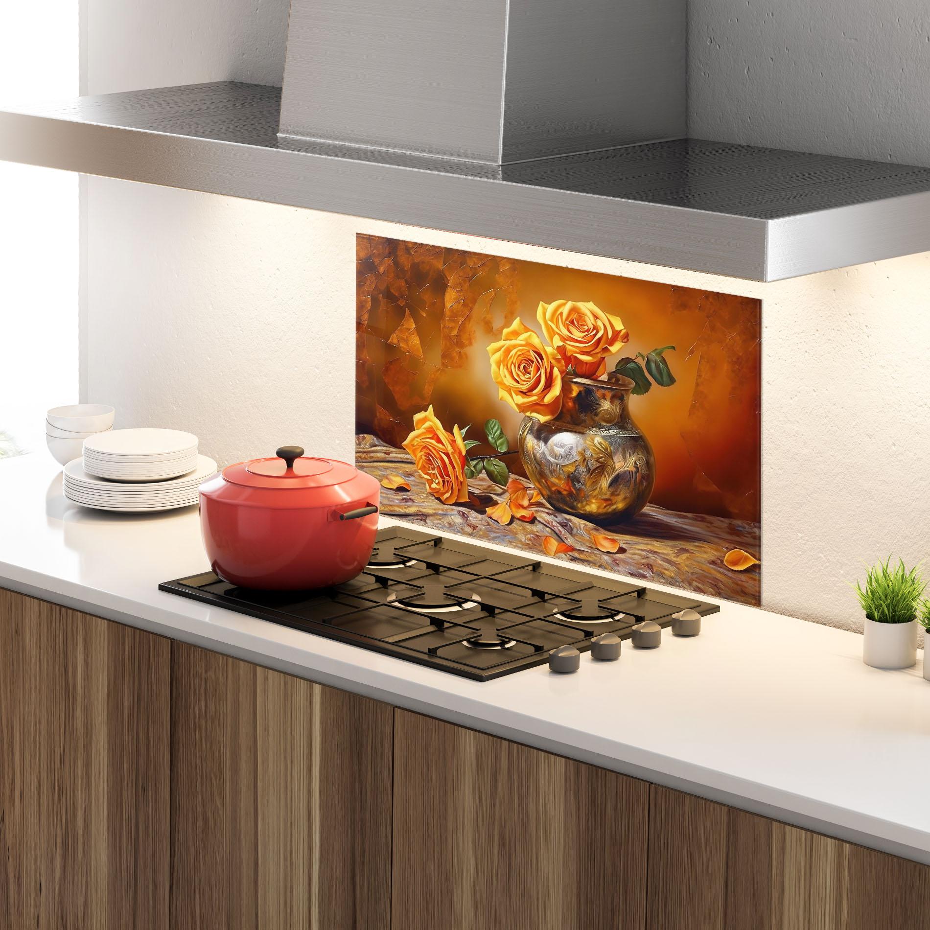 Konyhai üveg hátfal Orange Roses Vase mockup 4