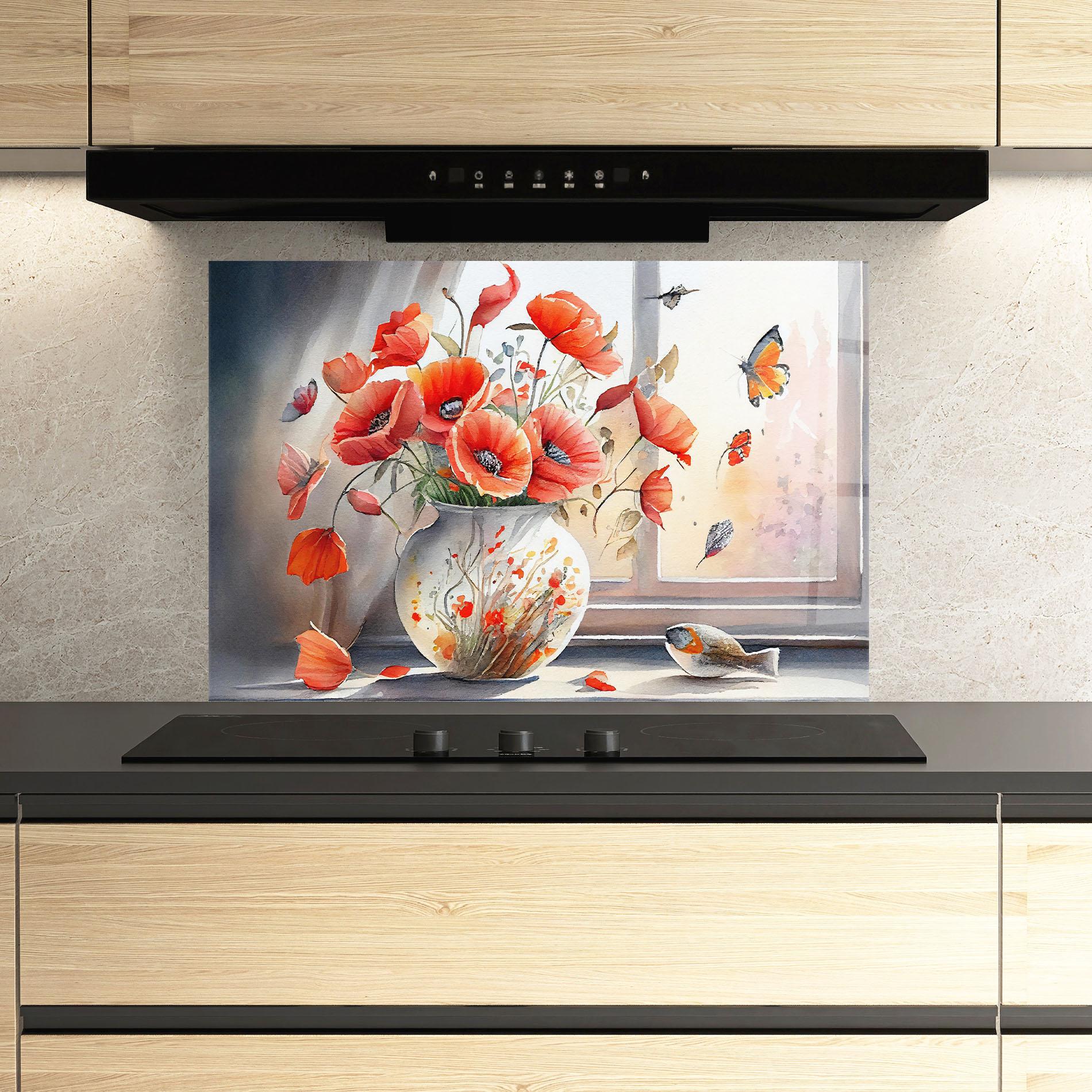 Konyhai üveg hátfal Poppies Vase mockup 3