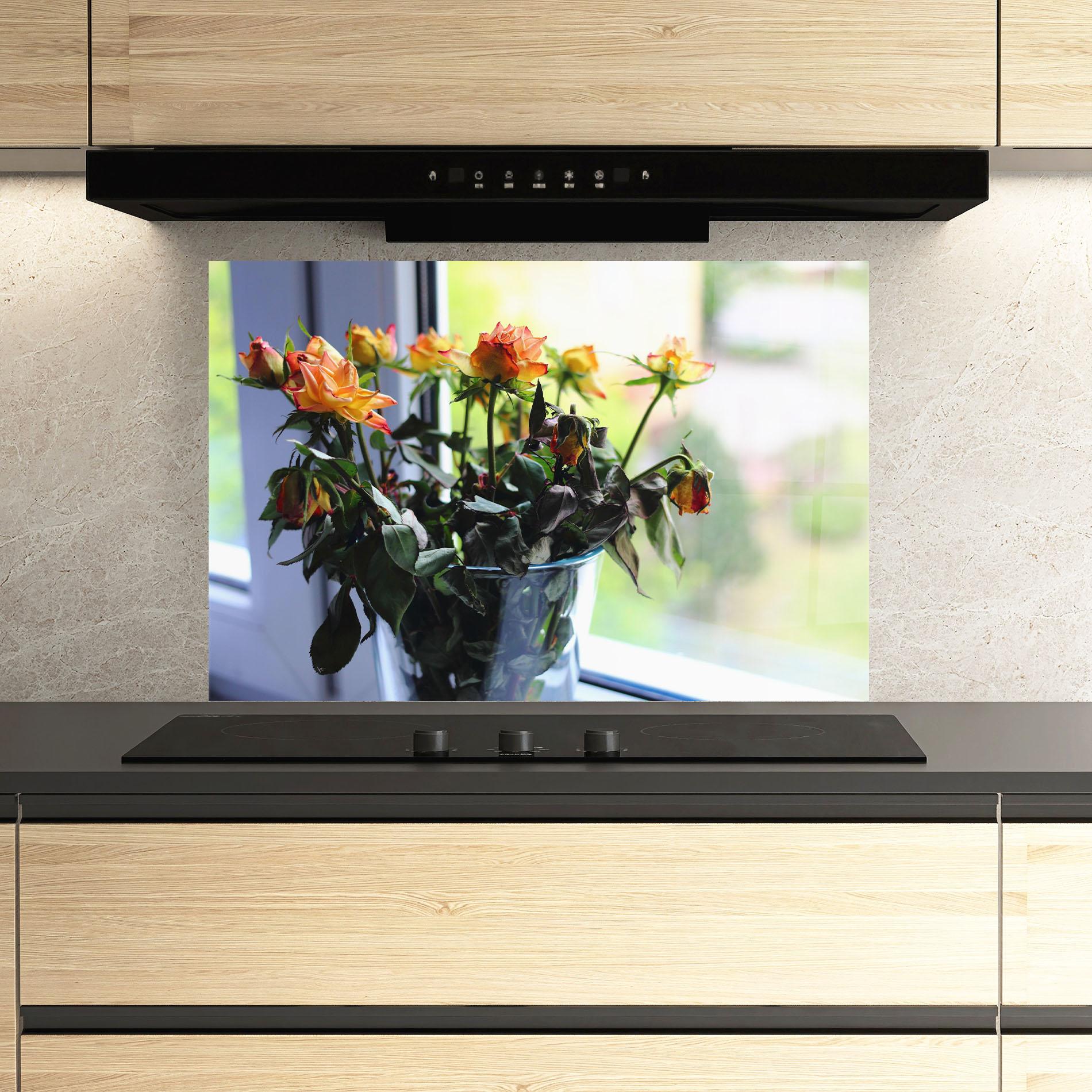 Konyhai üveg hátfal Red Yellow Rose Vase mockup 3