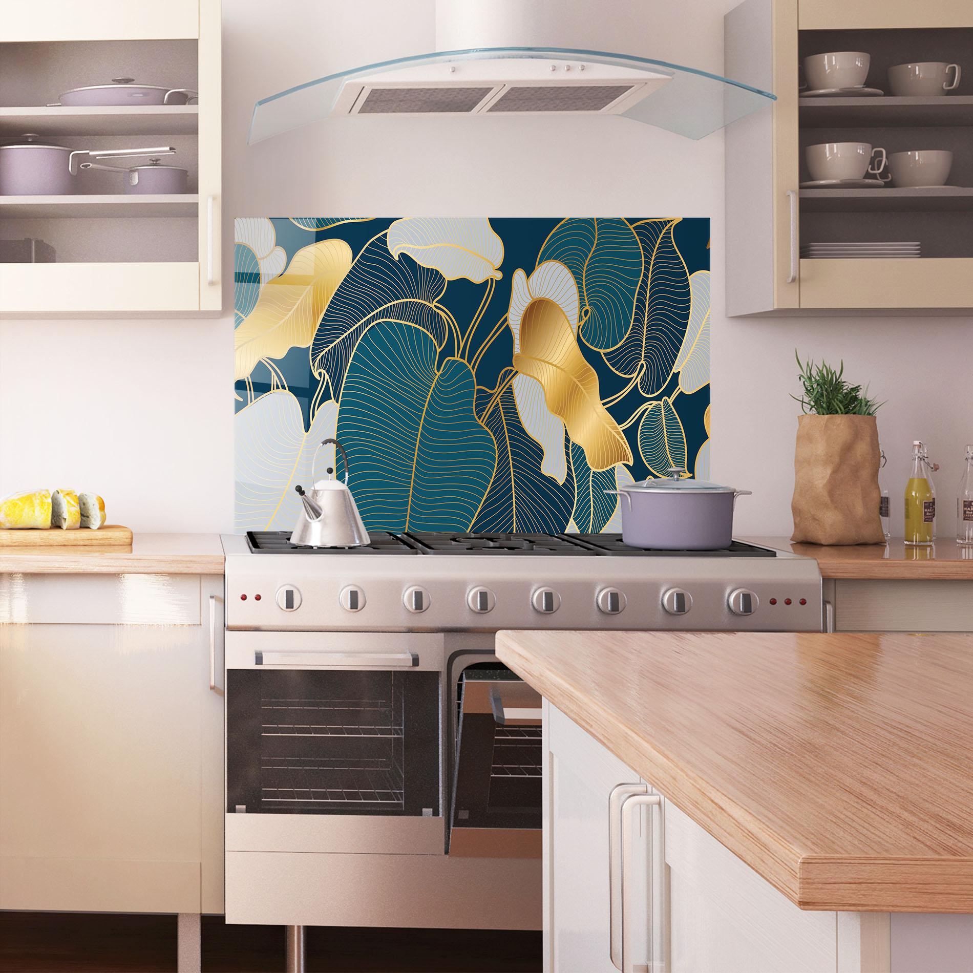 Konyhai üveg hátfal Golden Leaves mockup 1
