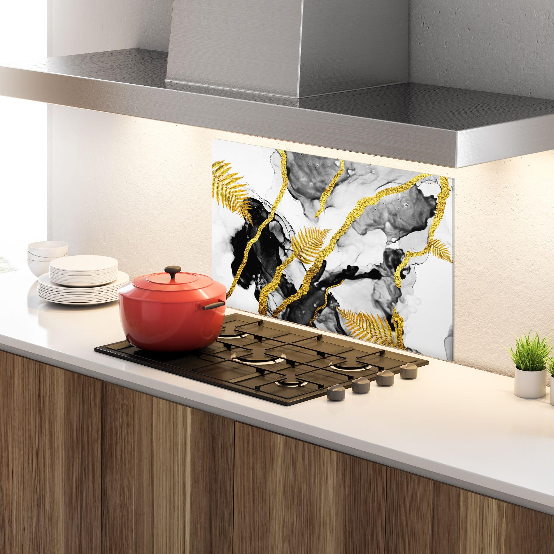 Konyhai üveg hátfal Abstract Golden Leaves mockup 4