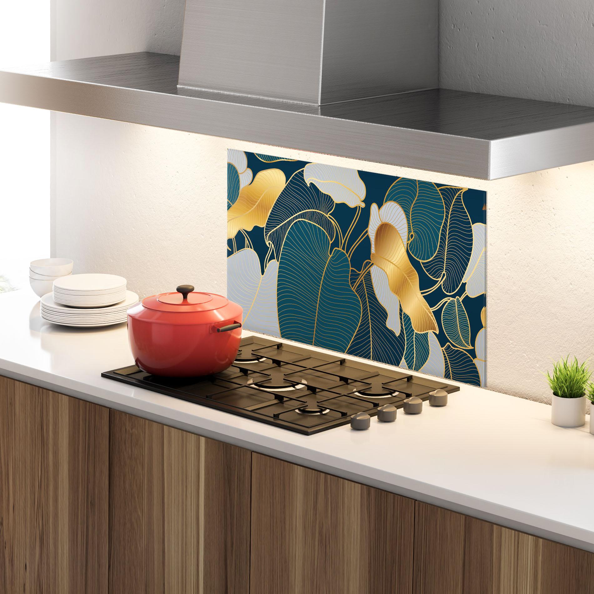 Konyhai üveg hátfal Golden Leaves mockup 4