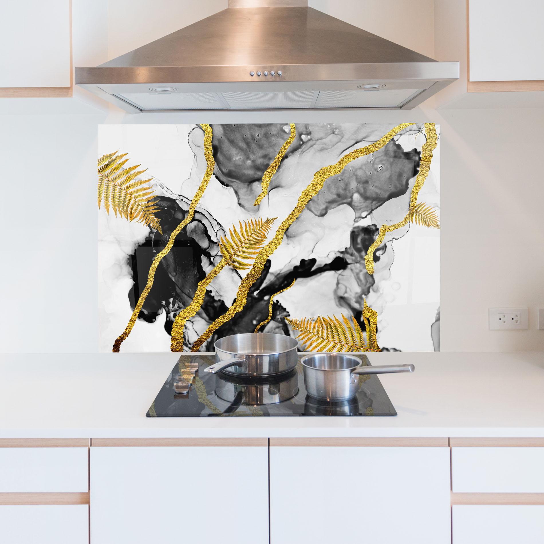 Konyhai üveg hátfal Abstract Golden Leaves mockup 5