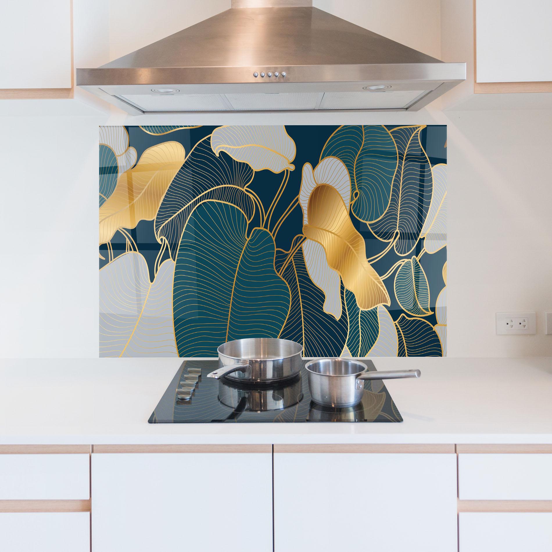 Konyhai üveg hátfal Golden Leaves mockup 5