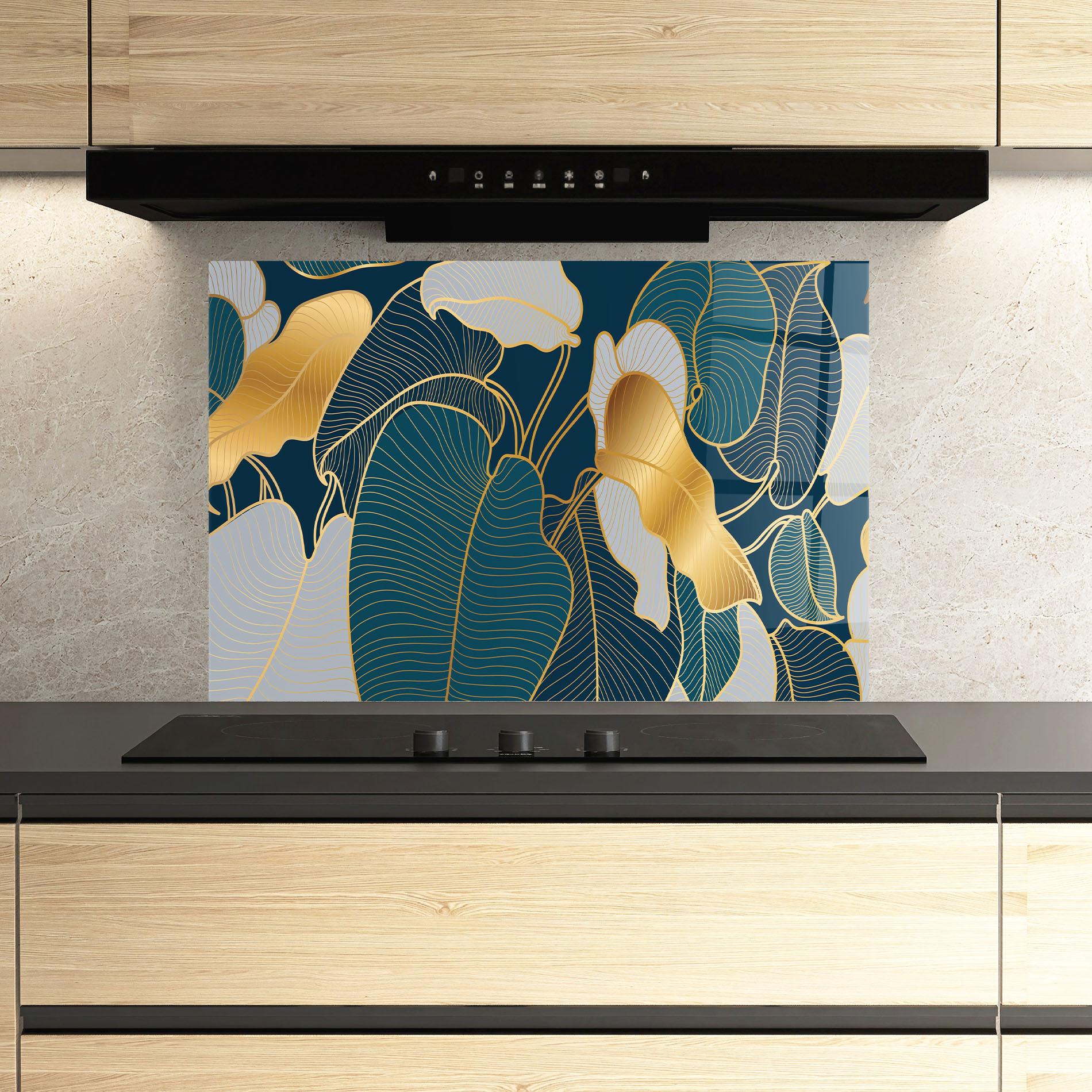 Konyhai üveg hátfal Golden Leaves mockup 3