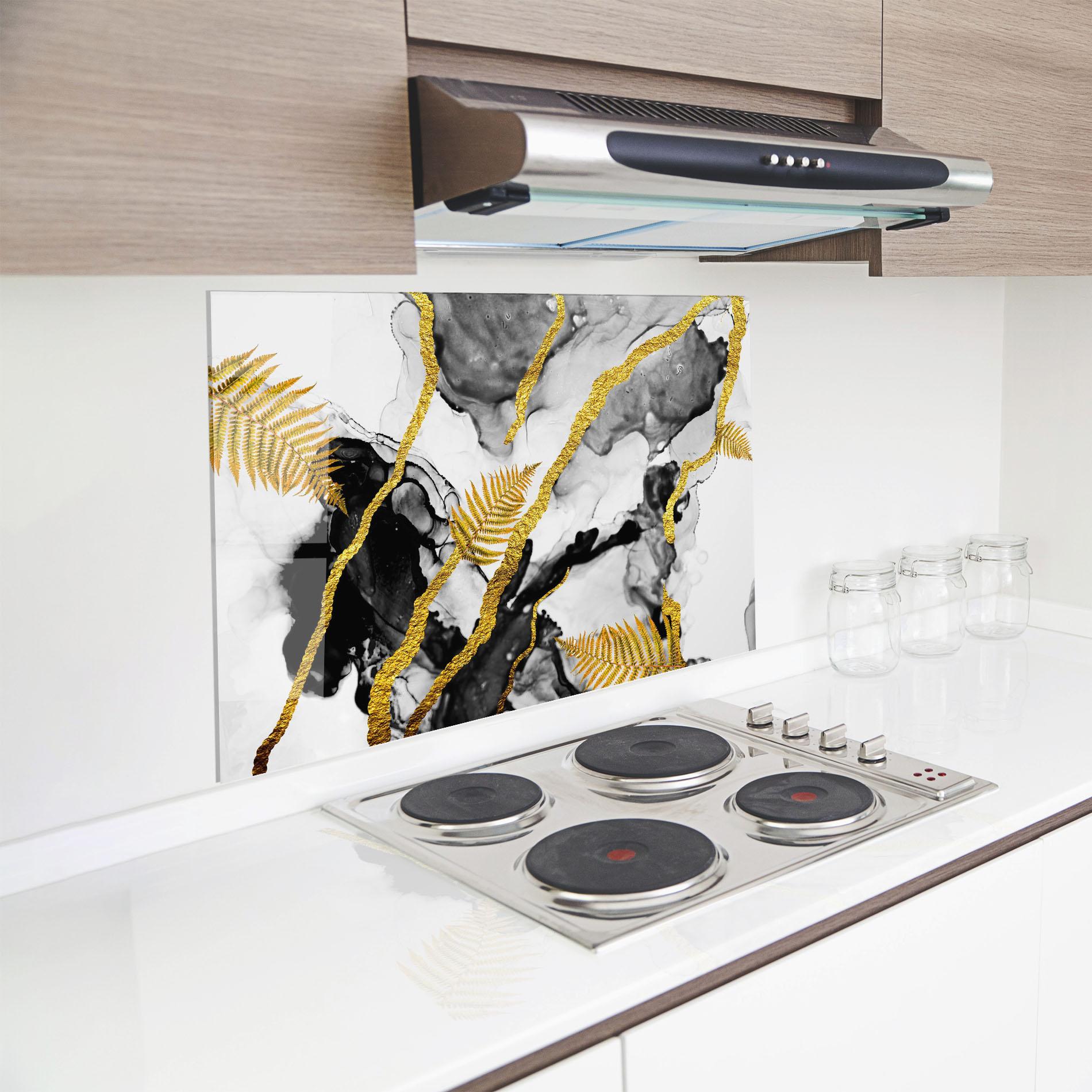 Konyhai üveg hátfal Abstract Golden Leaves mockup 8