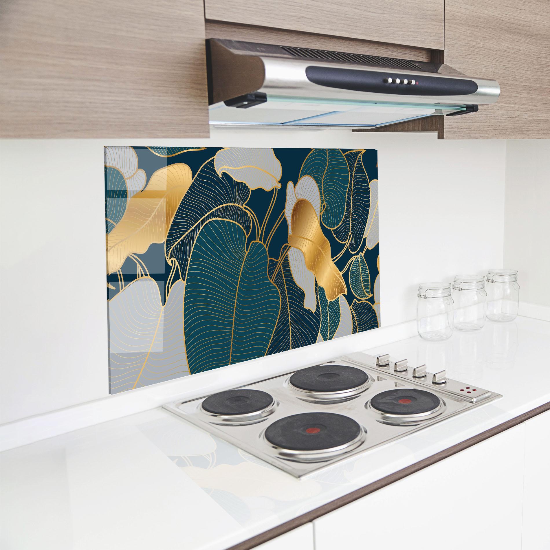 Konyhai üveg hátfal Golden Leaves mockup 8
