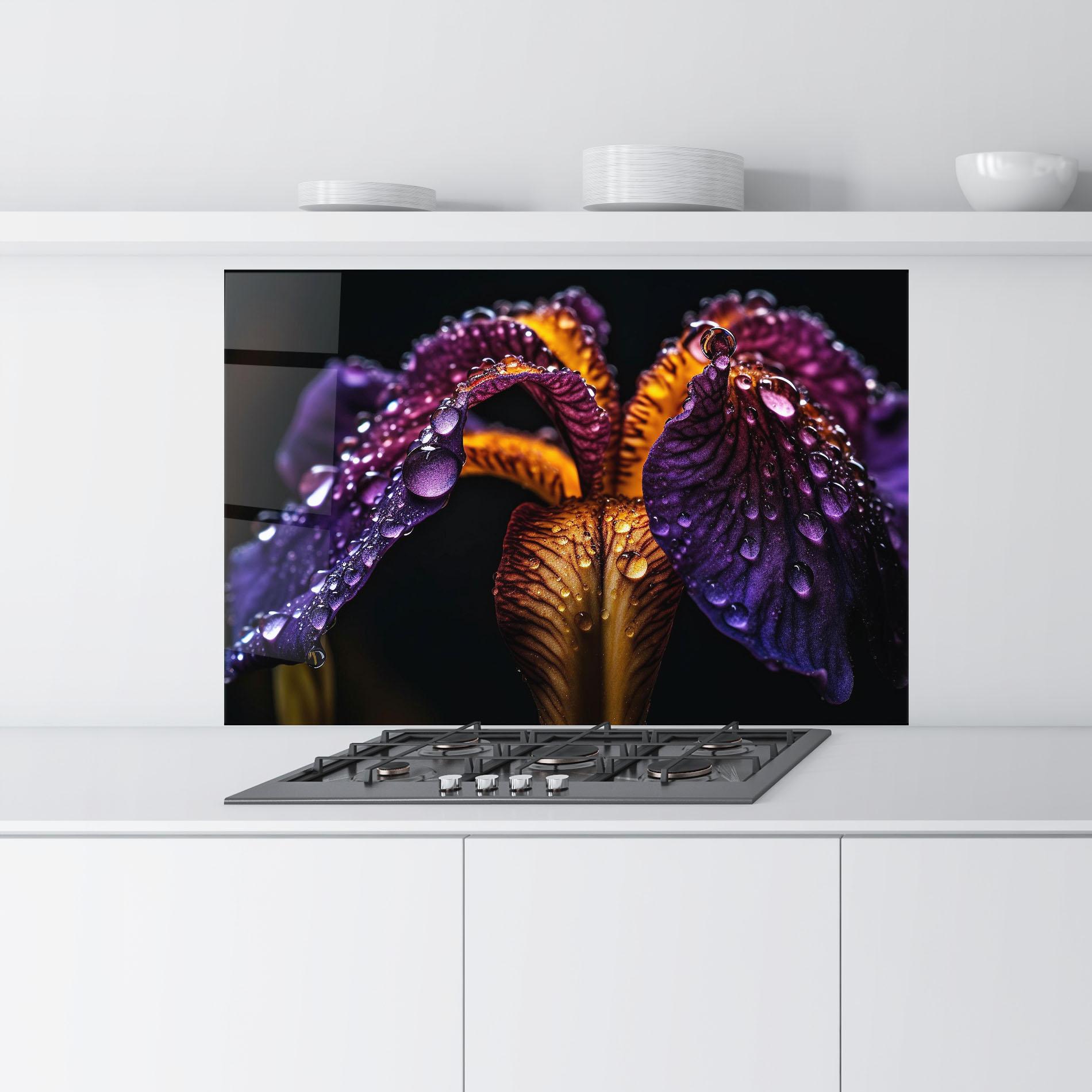 Konyhai üveg hátfal Dark Iris After Rain mockup 9