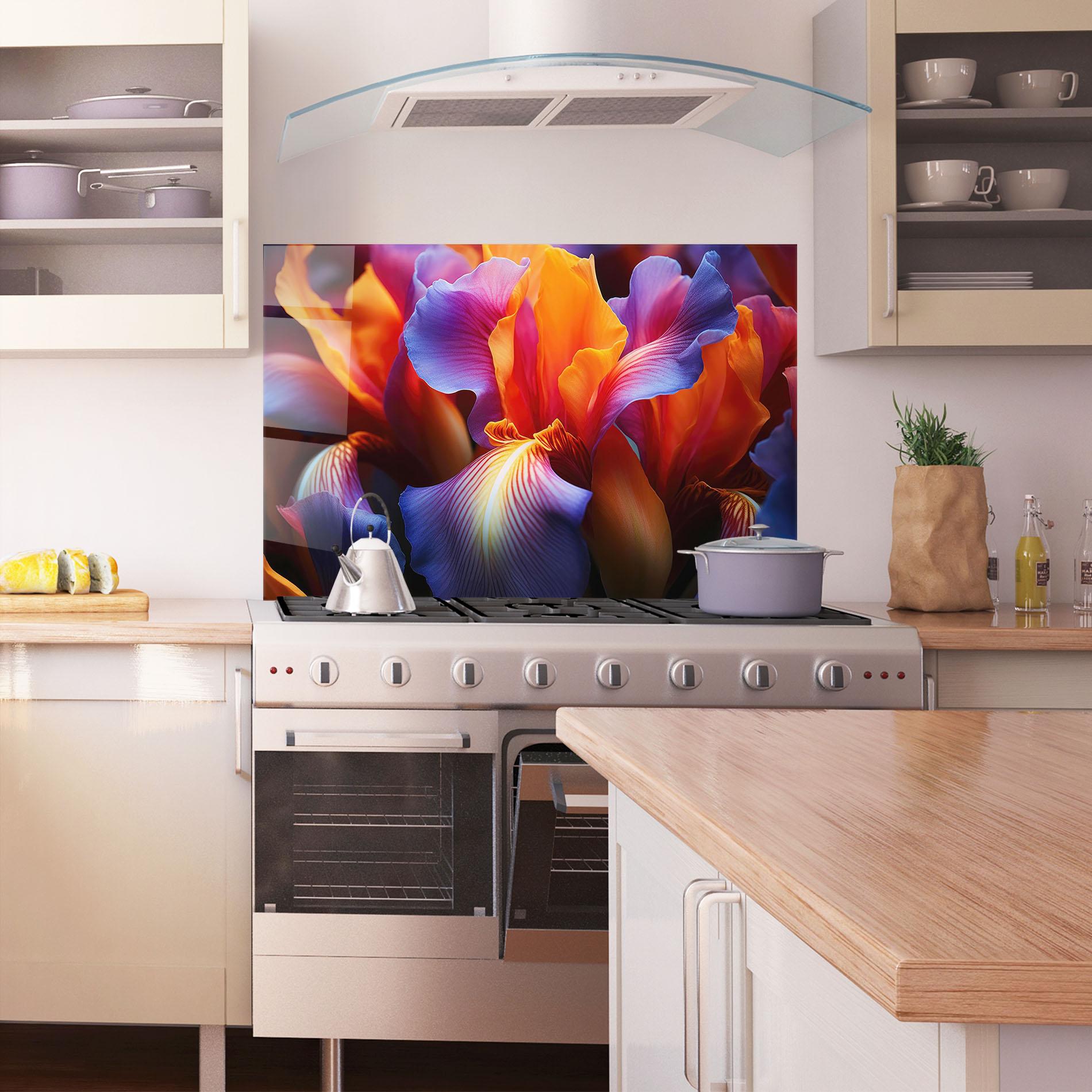Konyhai üveg hátfal Orange Purple Iris mockup 1