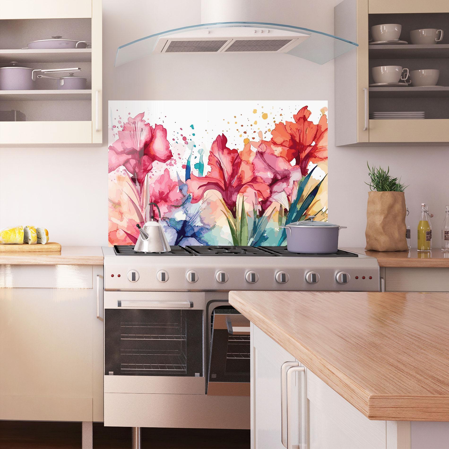 Konyhai üveg hátfal Pink Blue Iris mockup 1