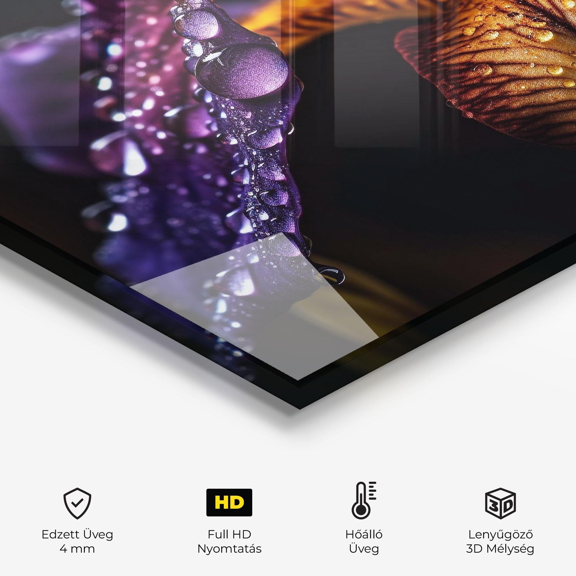 Konyhai üveg hátfal Dark Iris After Rain mockup 2