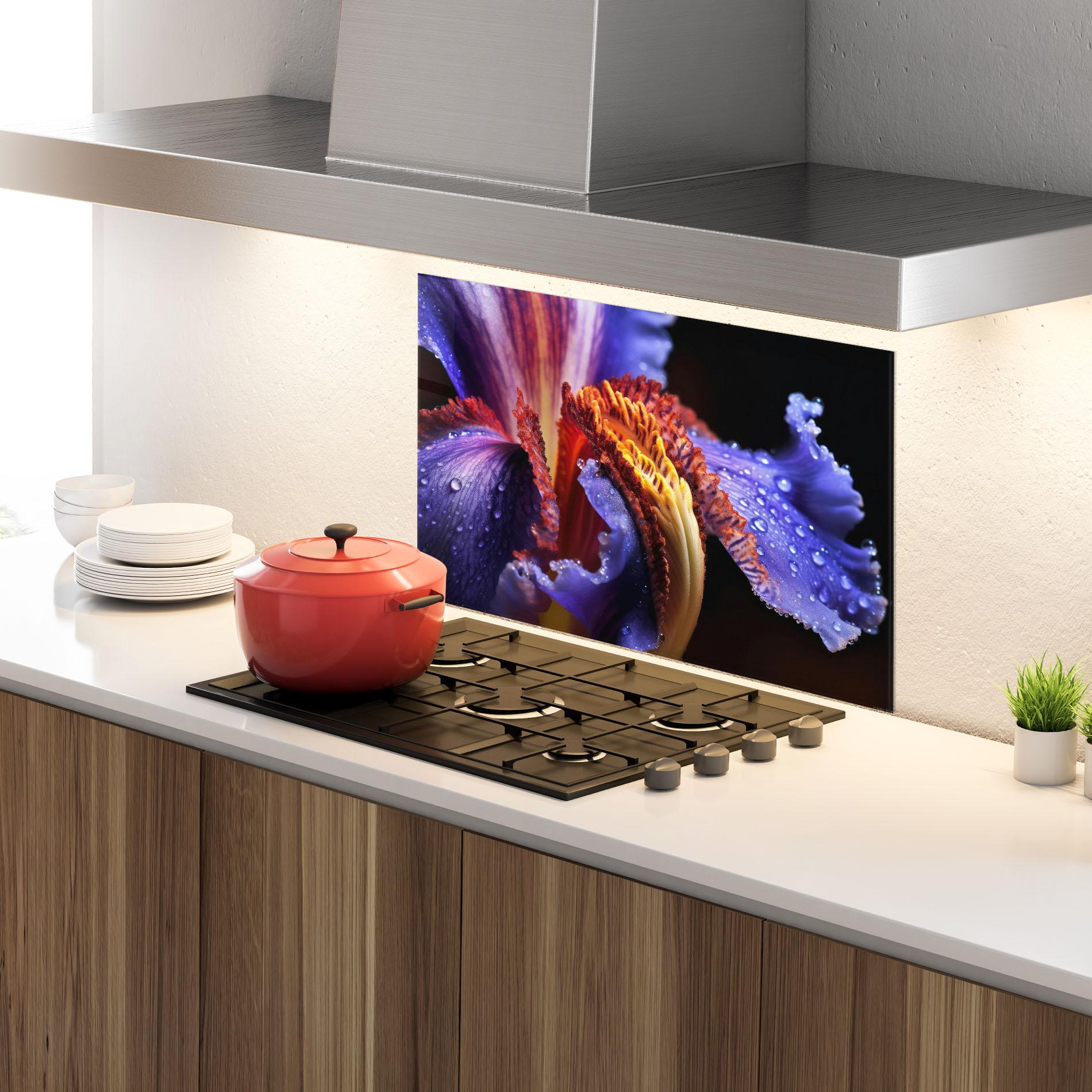 Konyhai üveg hátfal Close Up Blue Iris After Rain mockup 4