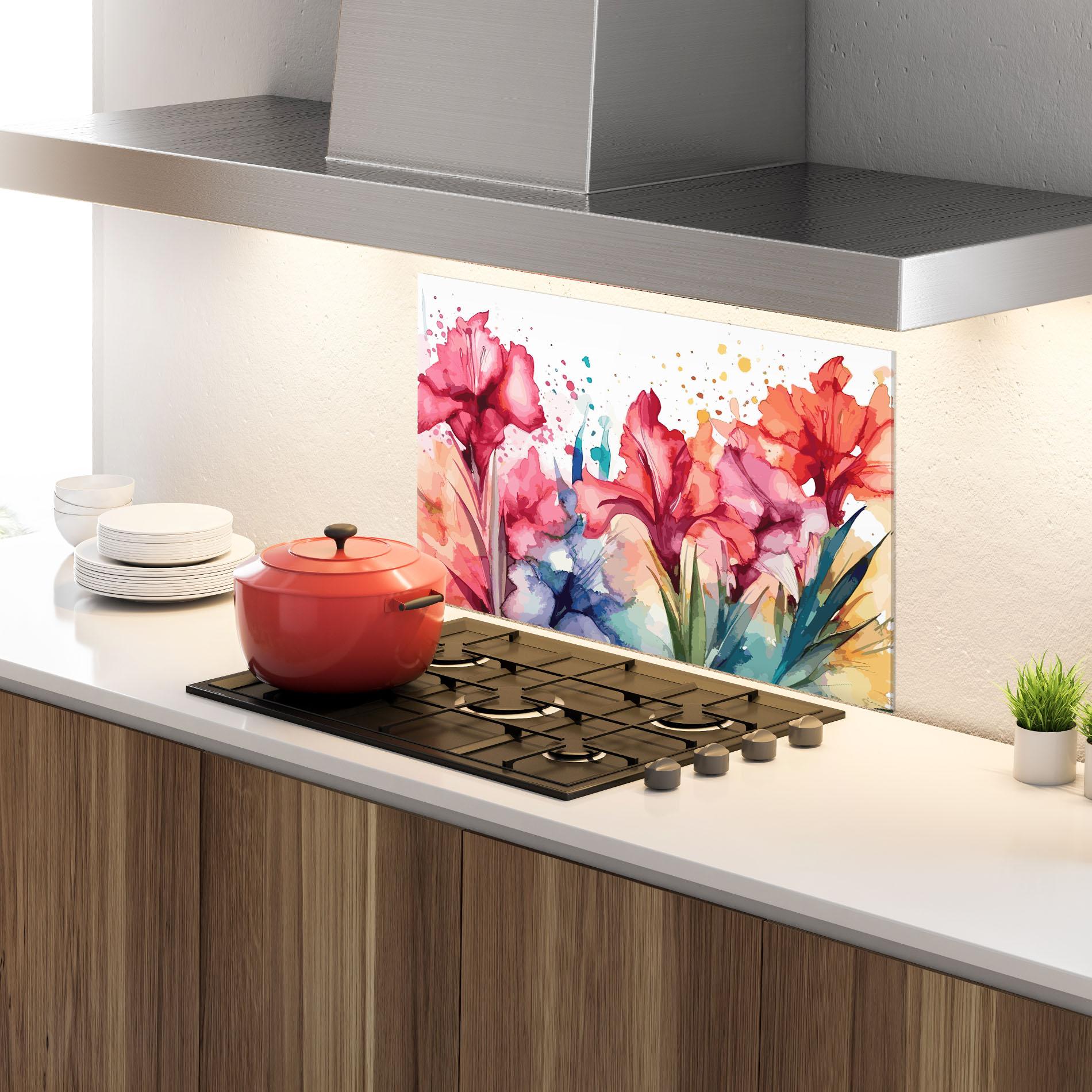 Konyhai üveg hátfal Pink Blue Iris mockup 4