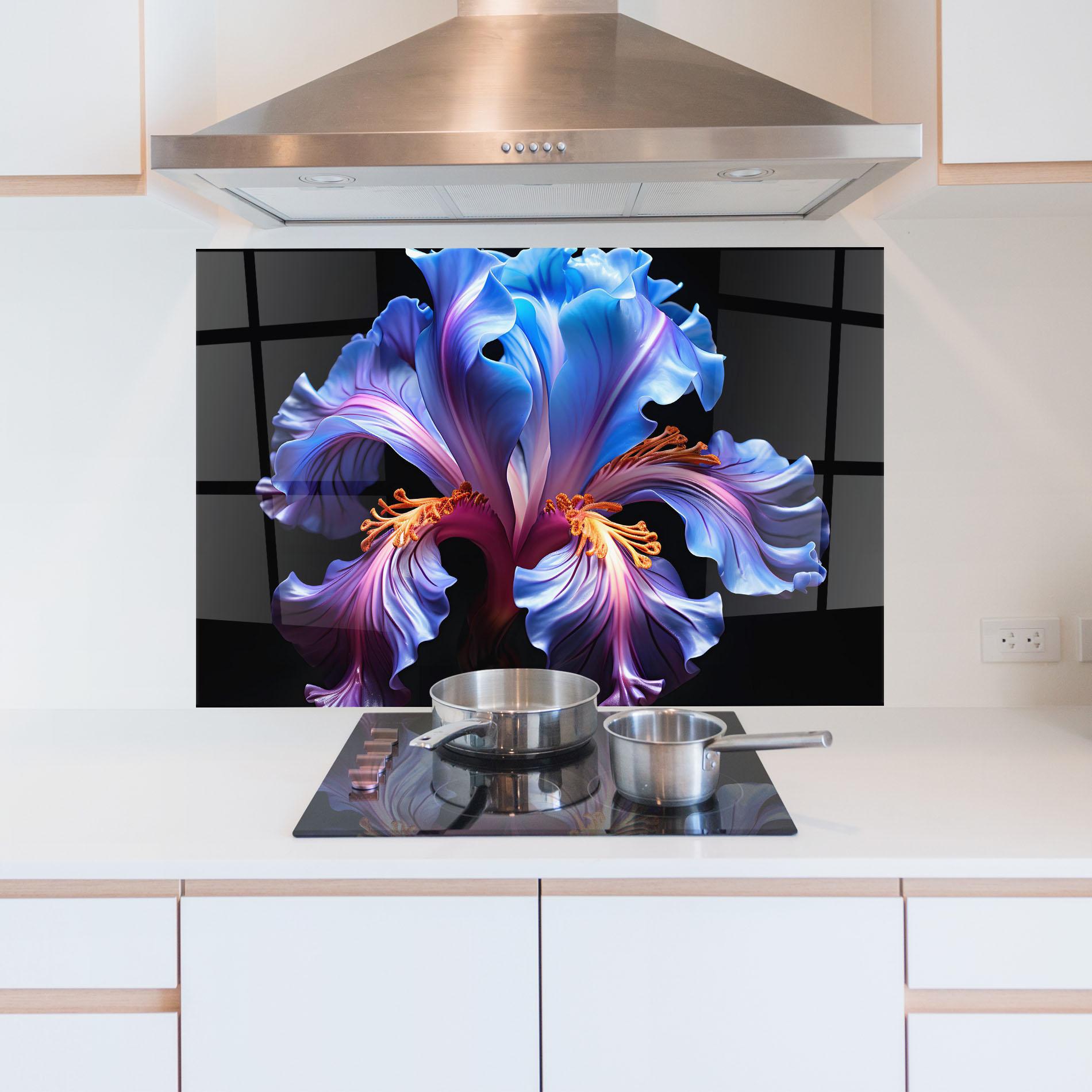 Konyhai üveg hátfal Beautiful Iris On Black mockup 5