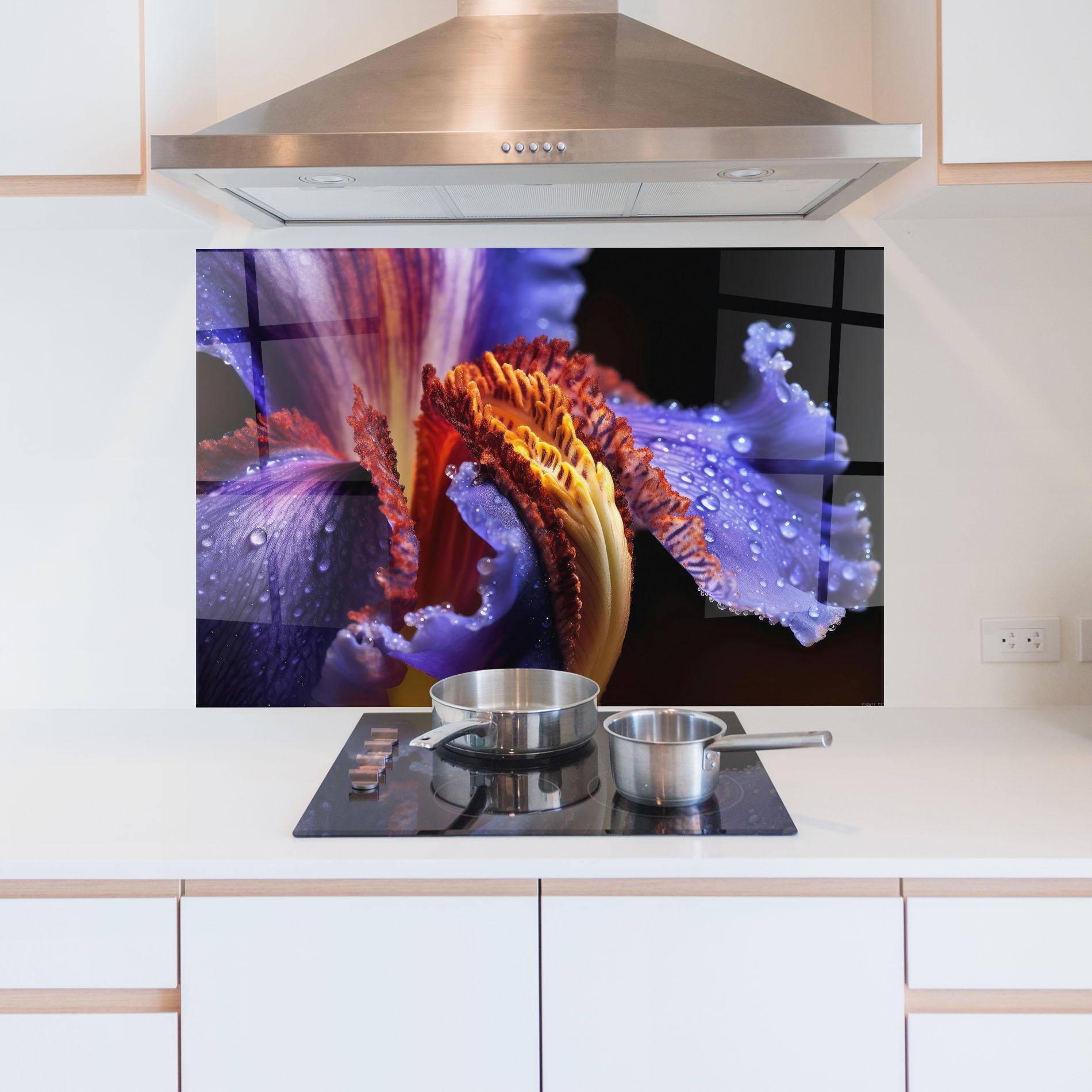 Konyhai üveg hátfal Close Up Blue Iris After Rain mockup 5