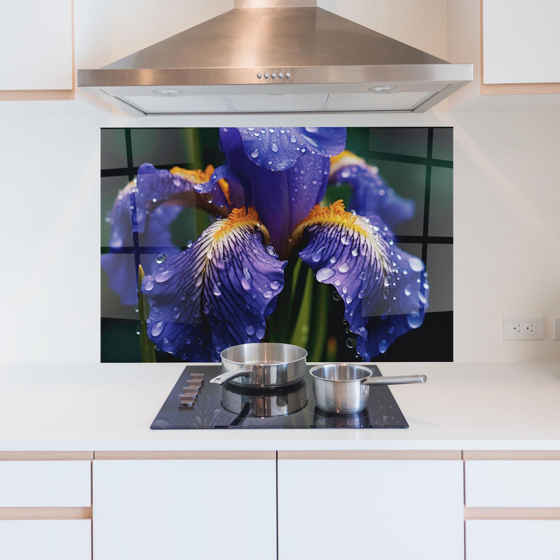 Konyhai üveg hátfal Iris After Rain mockup 5