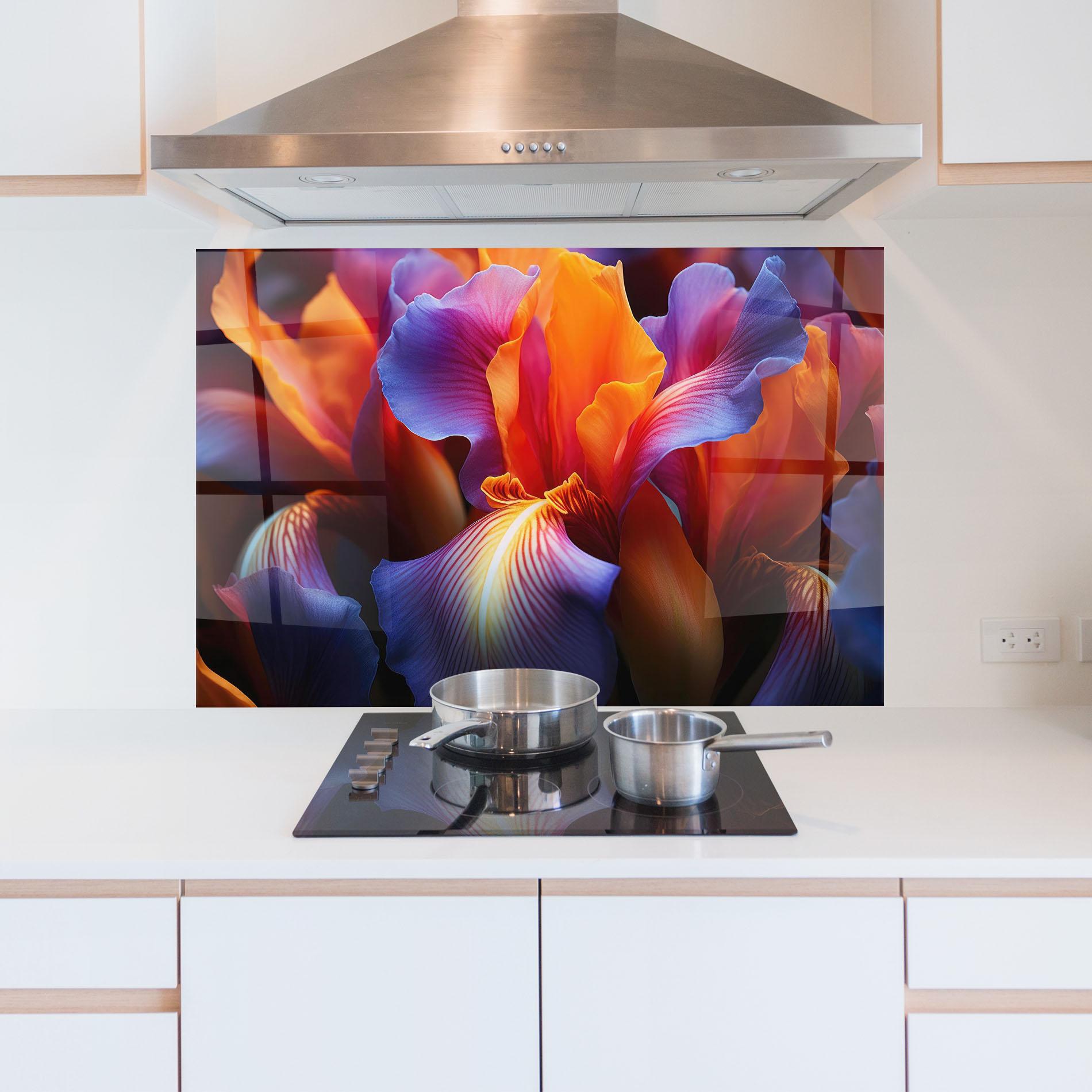Konyhai üveg hátfal Orange Purple Iris mockup 5