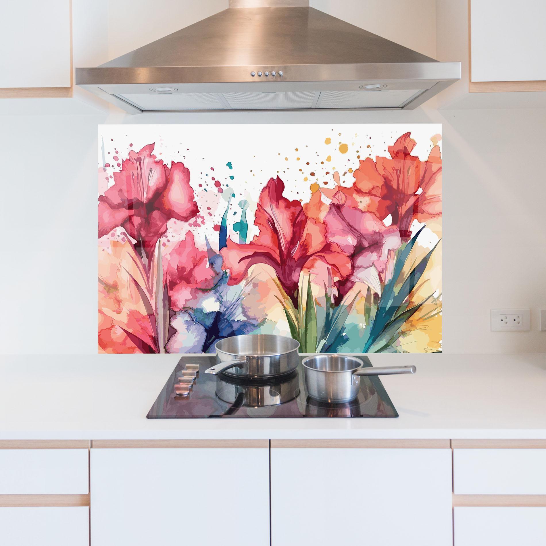 Konyhai üveg hátfal Pink Blue Iris mockup 5