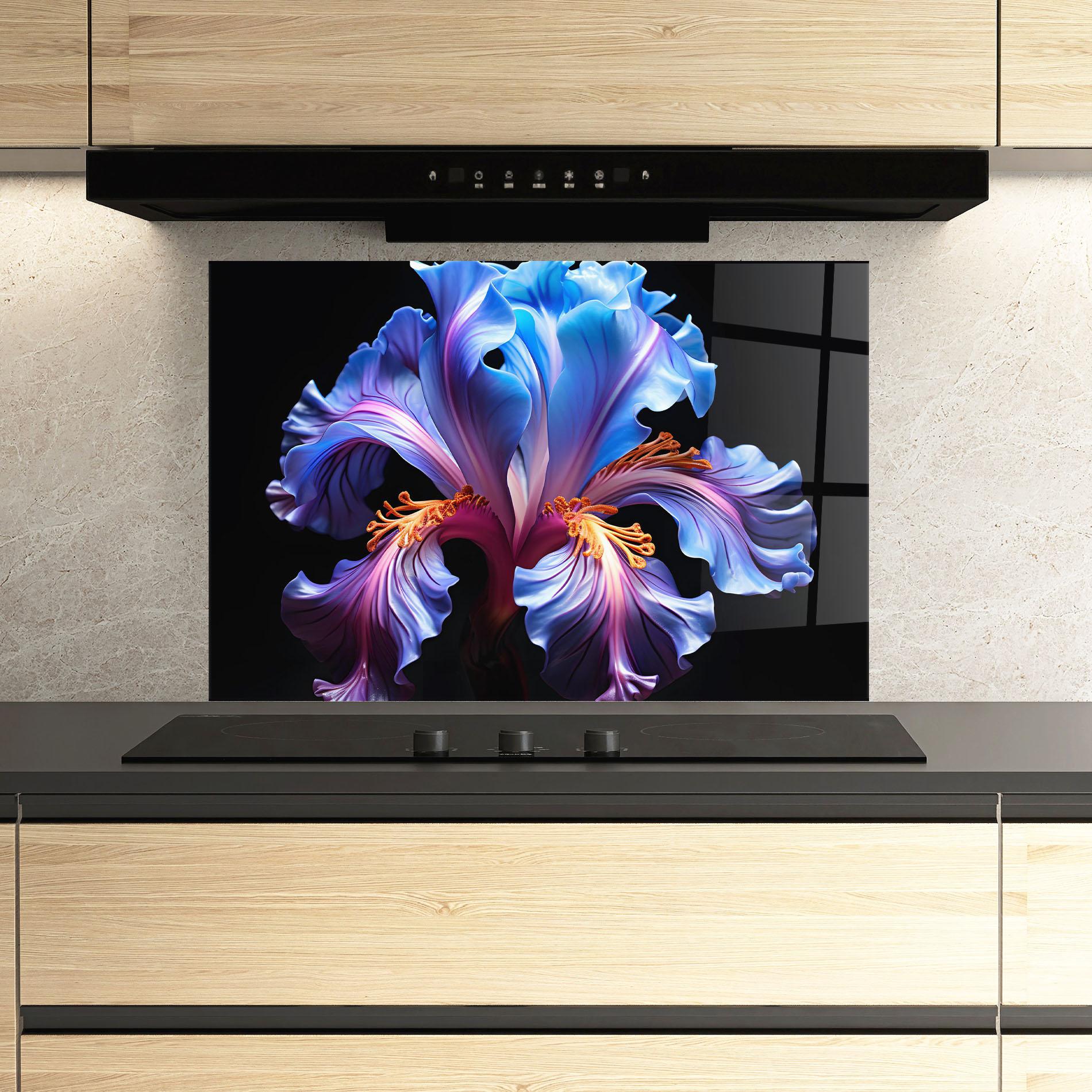 Konyhai üveg hátfal Beautiful Iris On Black mockup 3
