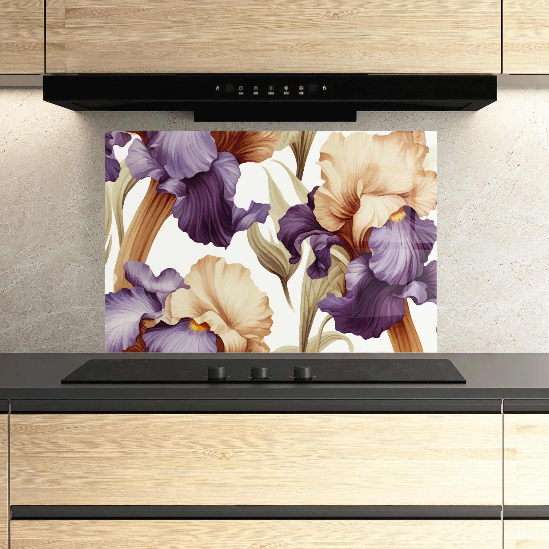 Konyhai üveg hátfal Cream Purple Iris mockup 3