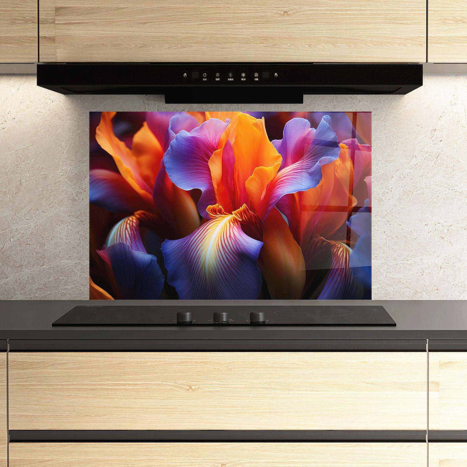 Konyhai üveg hátfal Orange Purple Iris mockup 3