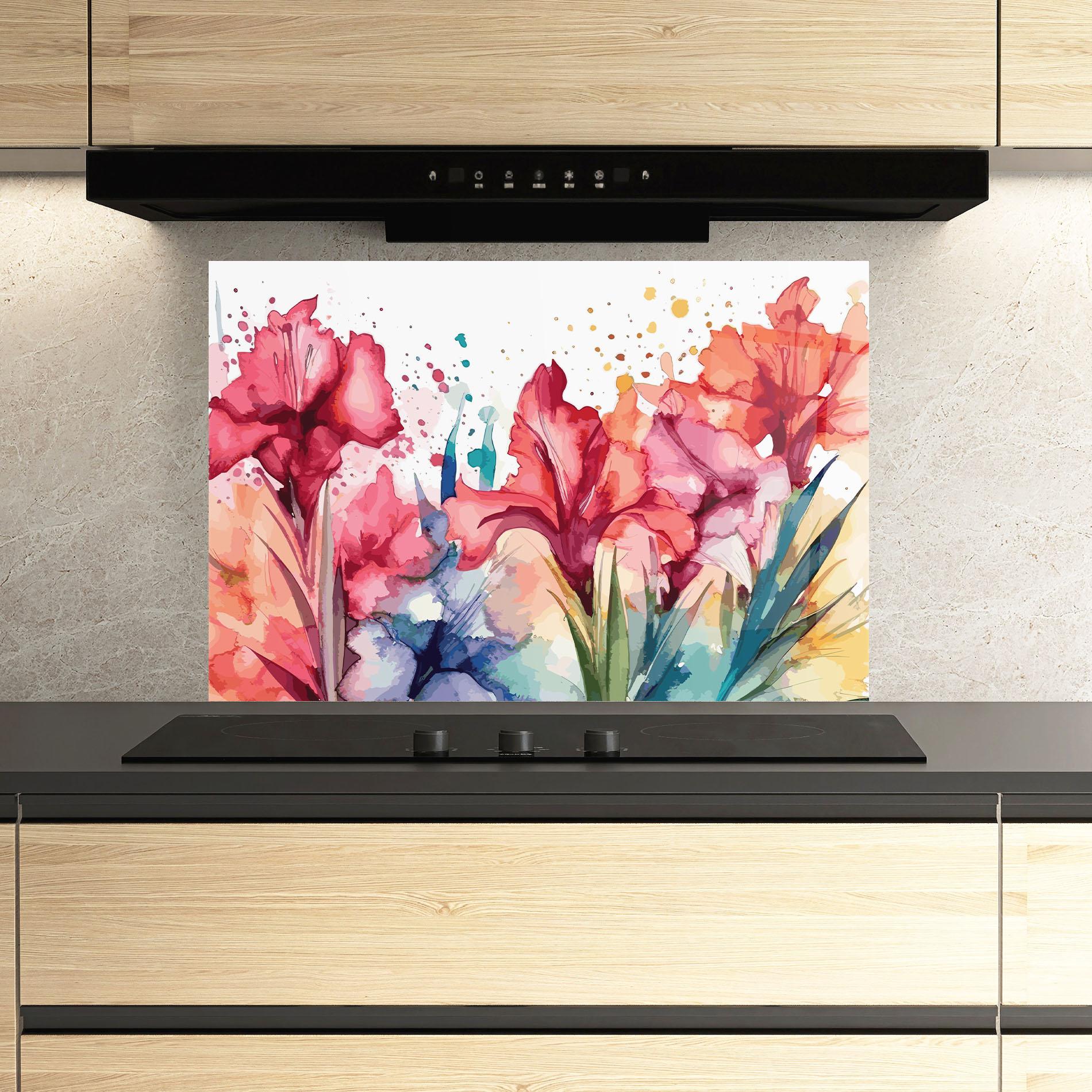 Konyhai üveg hátfal Pink Blue Iris mockup 3