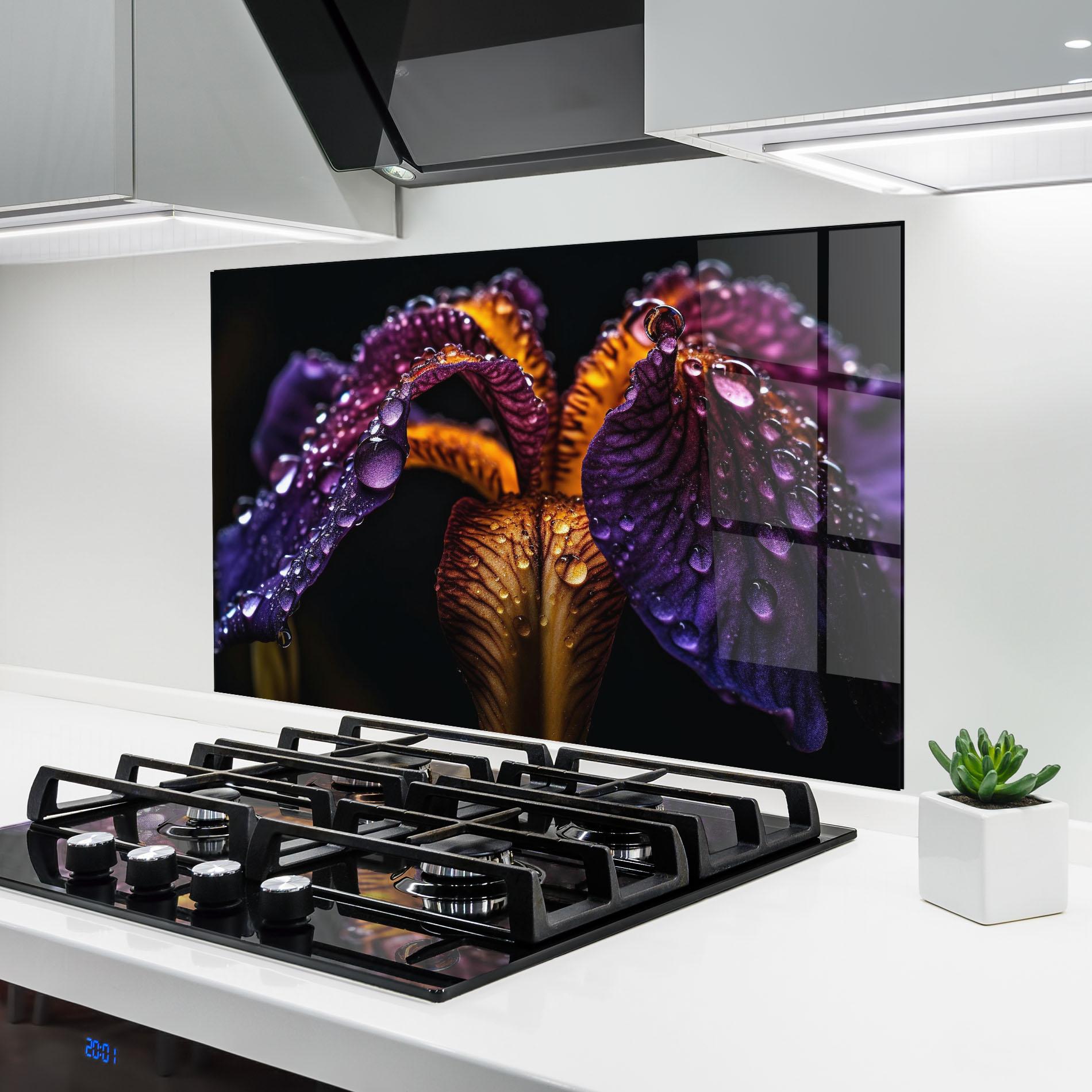 Konyhai üveg hátfal Dark Iris After Rain mockup 6