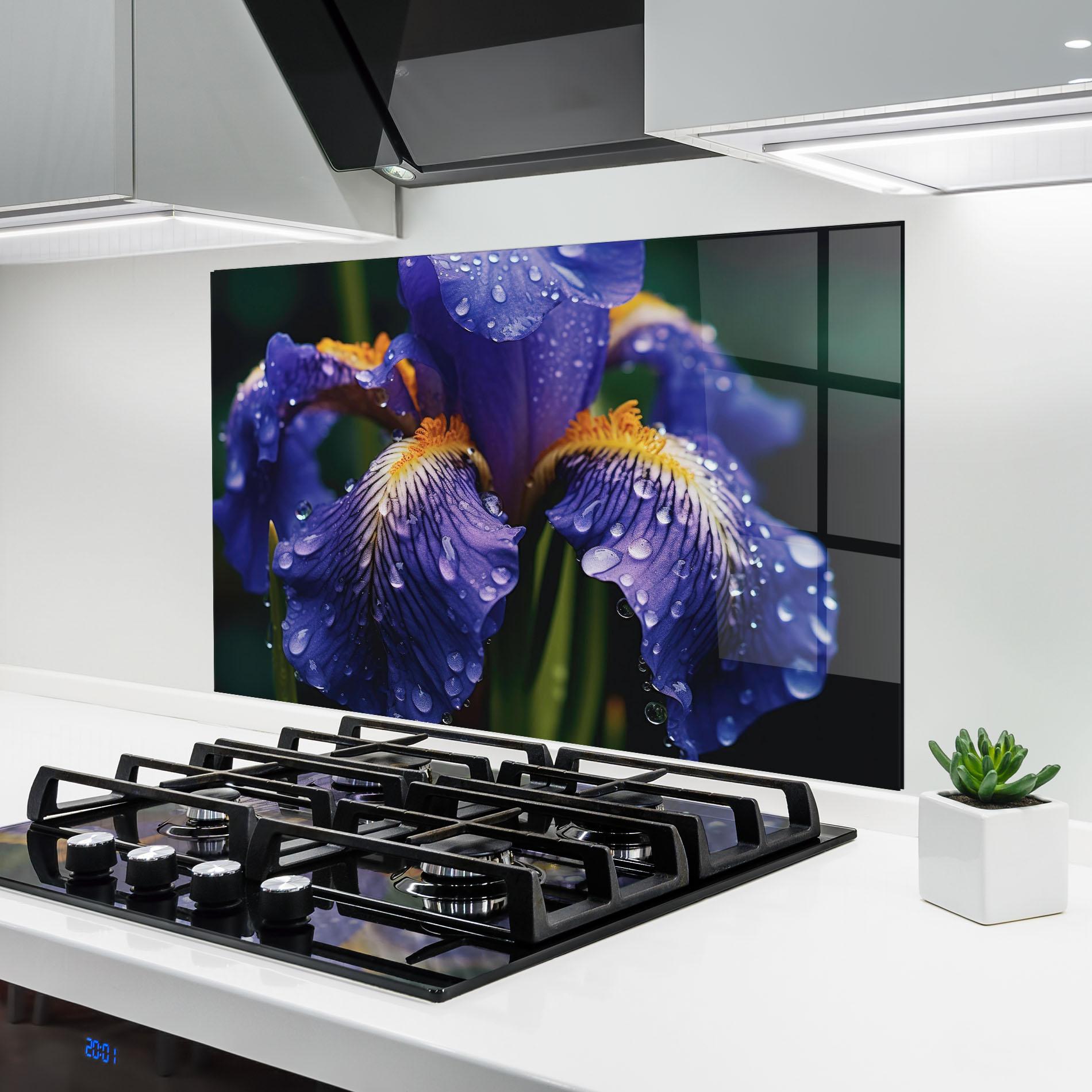 Konyhai üveg hátfal Iris After Rain mockup 6