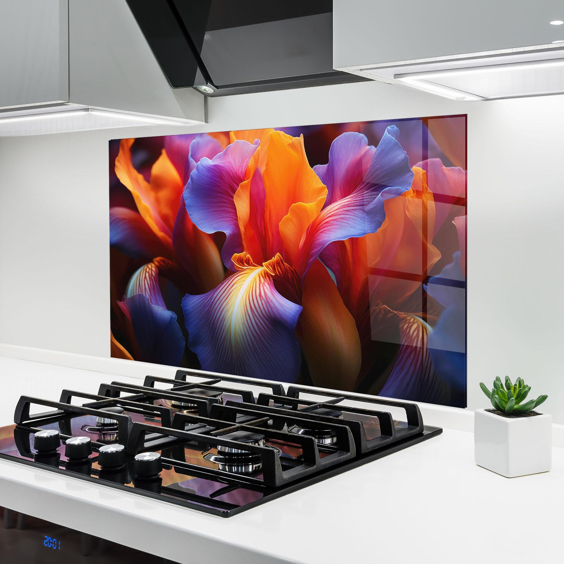 Konyhai üveg hátfal Orange Purple Iris mockup 6
