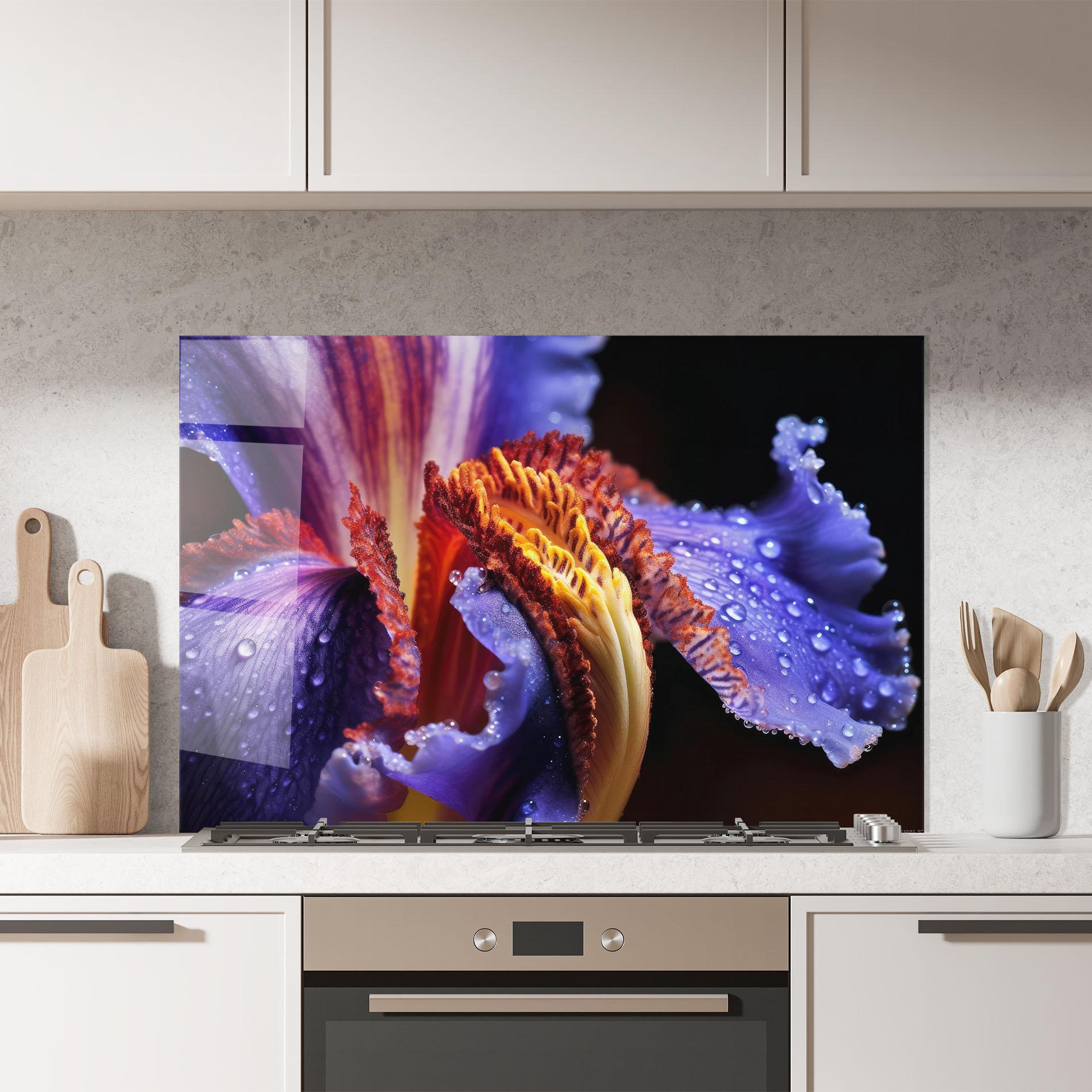 Konyhai üveg hátfal Close Up Blue Iris After Rain mockup 7