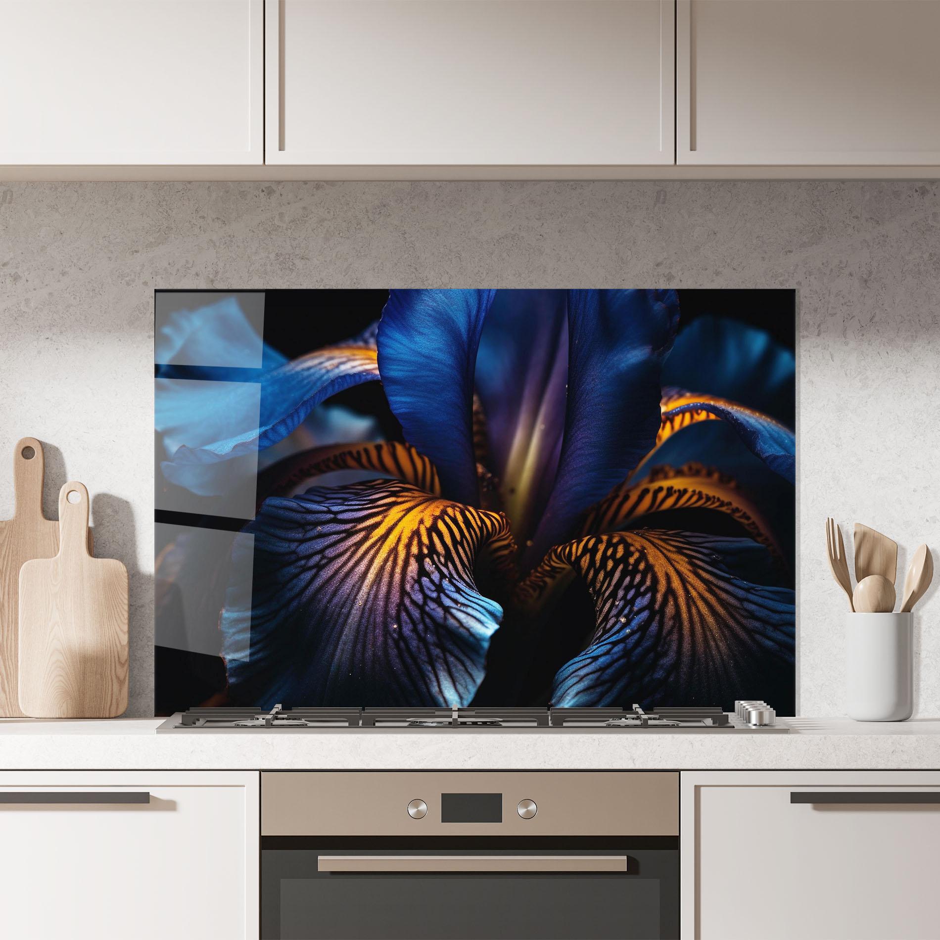 Konyhai üveg hátfal Dark Yellow Iris mockup 7