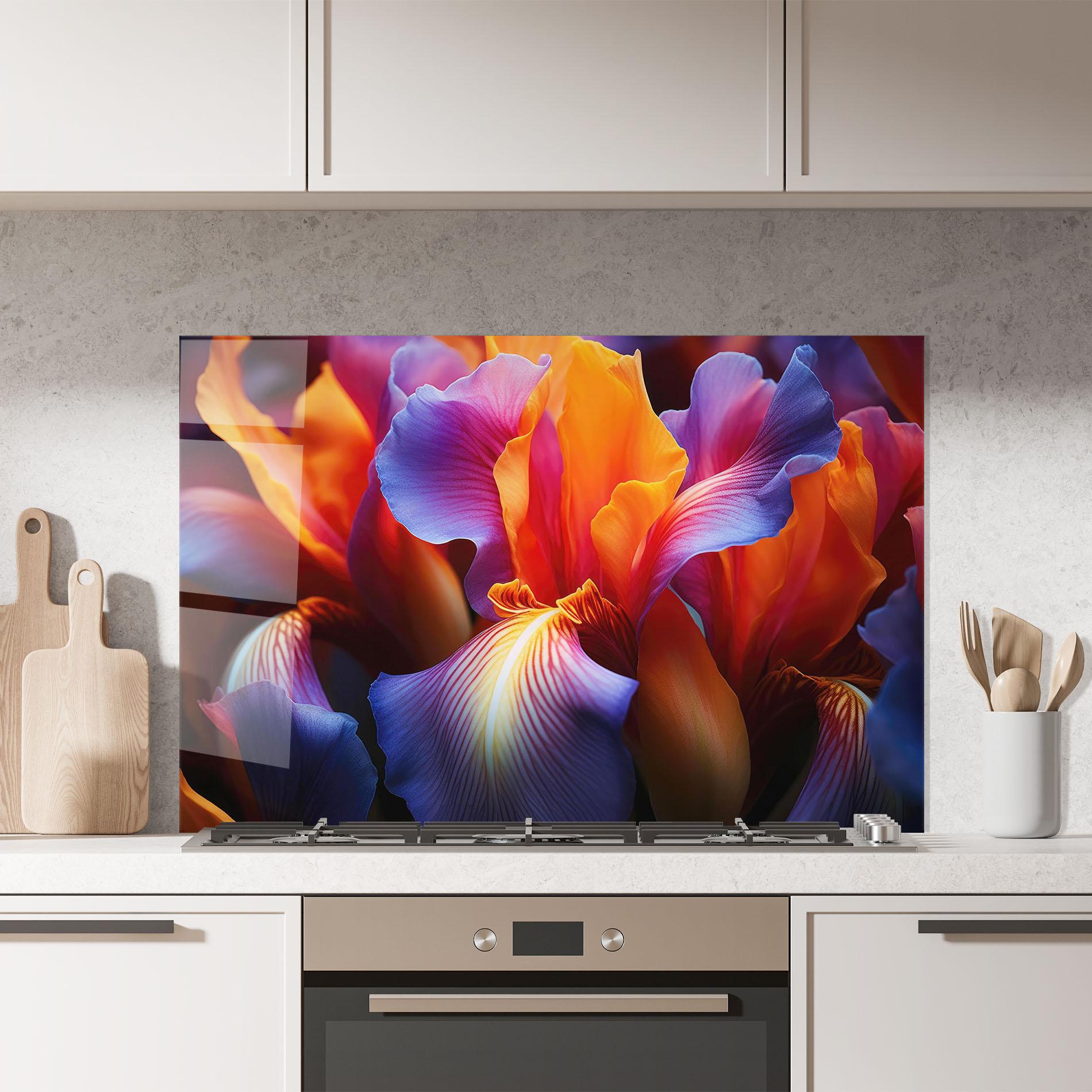 Konyhai üveg hátfal Orange Purple Iris mockup 7