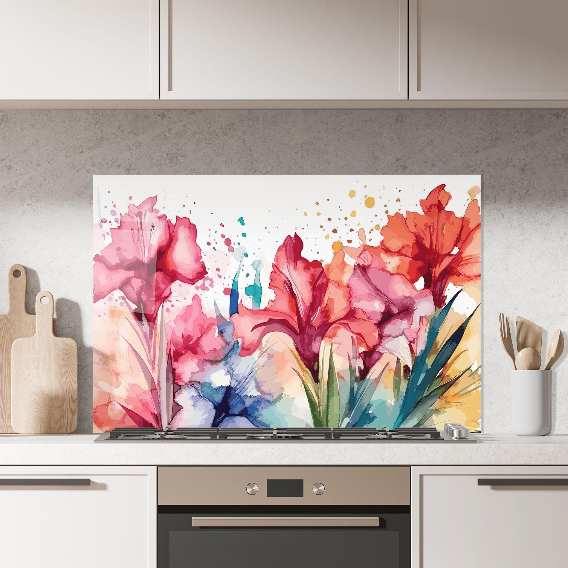 Konyhai üveg hátfal Pink Blue Iris mockup 7